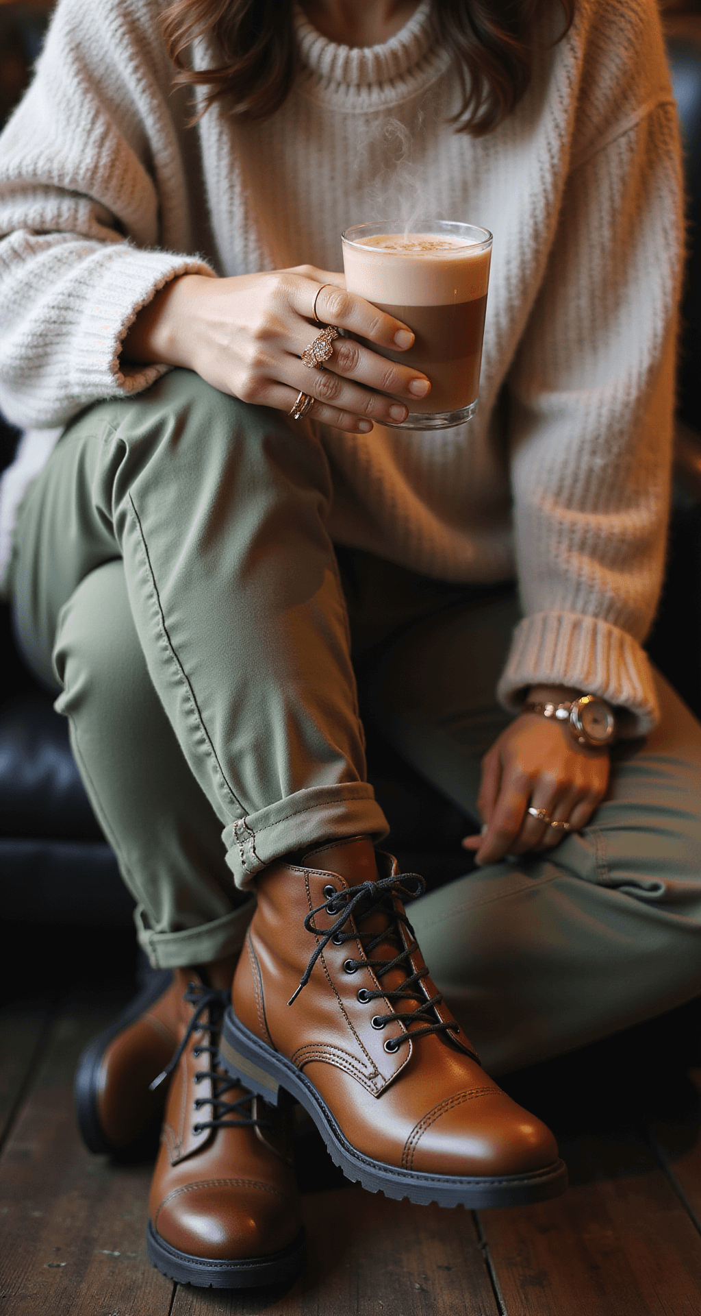 Close-up of a cozy coffee shop scene featuring sage green cargo pants tucked into brown leather combat boots, complemented by an oversized cream knit sweater. Stacked gold rings and a delicate watch add elegance, with steam rising from a latte in the background, enhancing the warm ambiance.