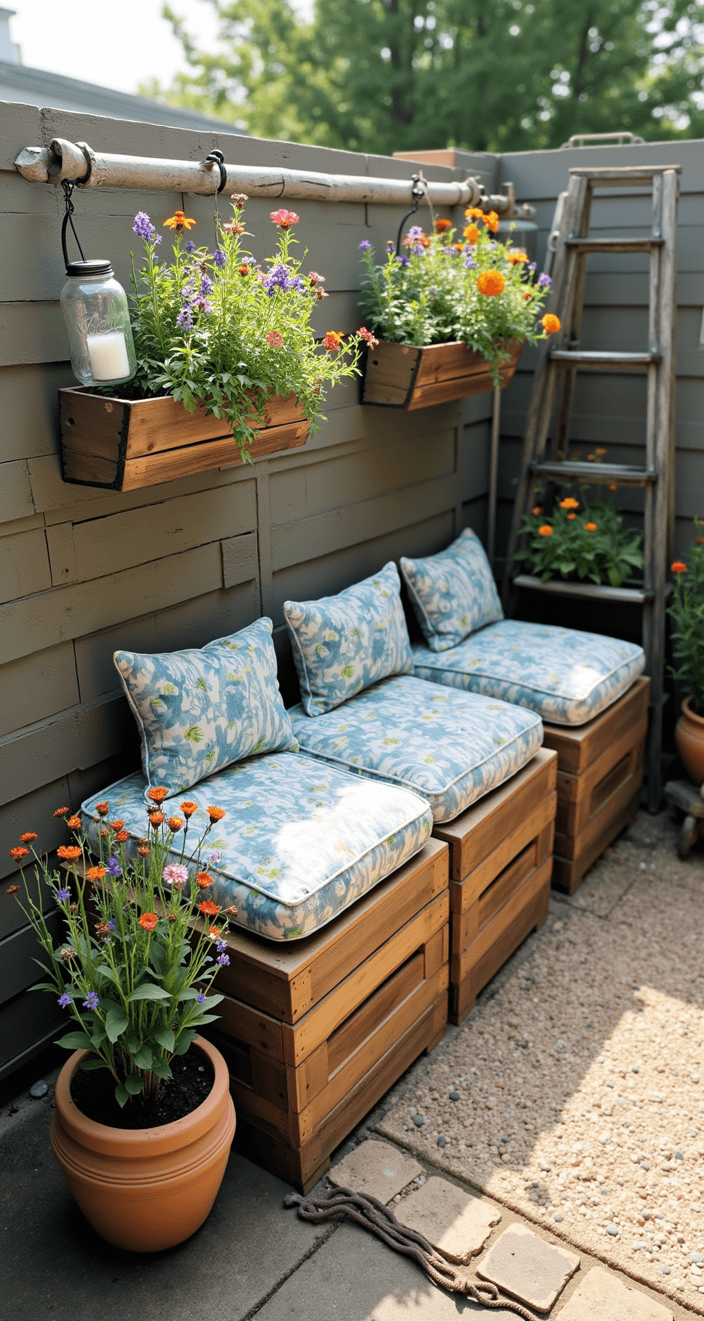 An overhead view of a budget-friendly 6x8ft garden corner, featuring repurposed wooden crates as seating with DIY cushions, mason jar lanterns on shepherd's hooks, vibrant native wildflowers, and a salvaged ladder used as a vertical planter, all bathed in soft morning light.