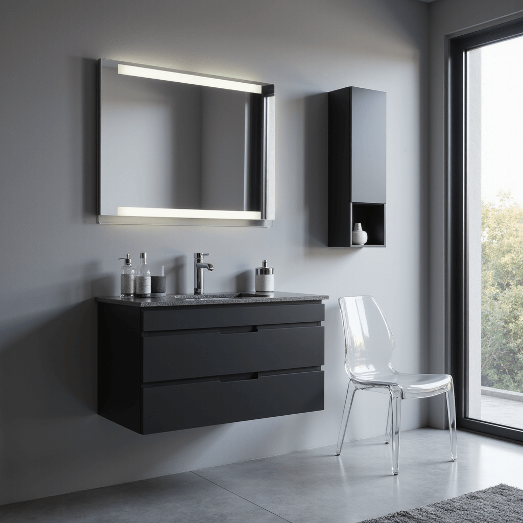Contemporary minimalist vanity space featuring a wall-mounted matte black vanity with an integrated LED mirror, a ghost chair, and sleek drawer fronts, set in cool grays and whites, highlighted by dramatic lighting that emphasizes geometric harmony and contrasting textures.