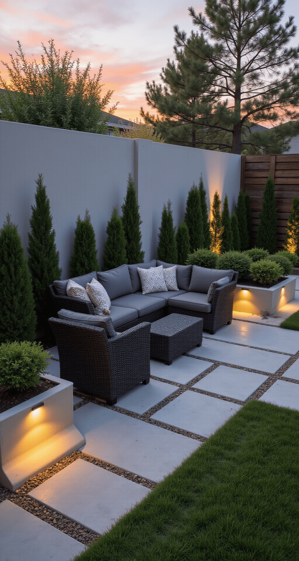 A low-maintenance 10x10ft garden retreat featuring weather-resistant wicker seating with charcoal gray cushions, evergreen shrubs in concrete planters, built-in LED path lights, and automated irrigation for drought-resistant plants, captured at sunset with backlighting.