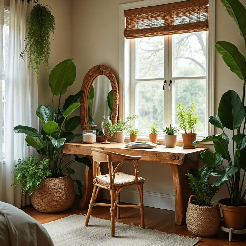 A serene master bedroom vanity nook with a reclaimed wood vanity featuring live edge details, bathed in soft morning sunlight filtering through bamboo blinds. Surrounded by potted plants, including hanging ferns, the space includes a woven rattan mirror, matching chair, and earthy pottery collections. The low camera angle highlights the organic textures and peaceful atmosphere.