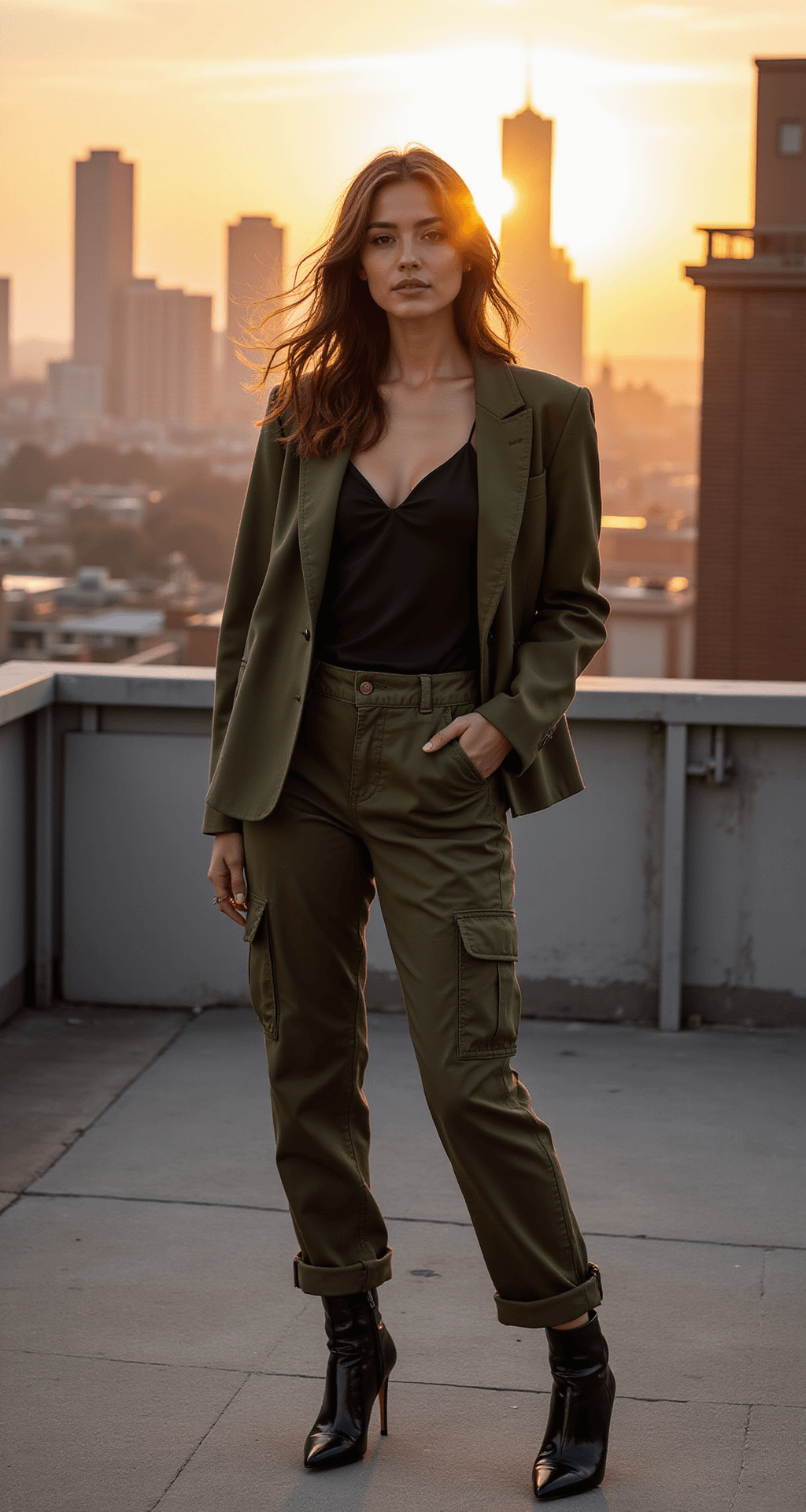 A model in military green cargo pants and a black silk camisole poses against a sunset city skyline, wearing a structured blazer draped over her shoulders. Wind catches her hair, creating dramatic shadows in the golden light, captured from a slightly elevated angle with a telephoto lens.