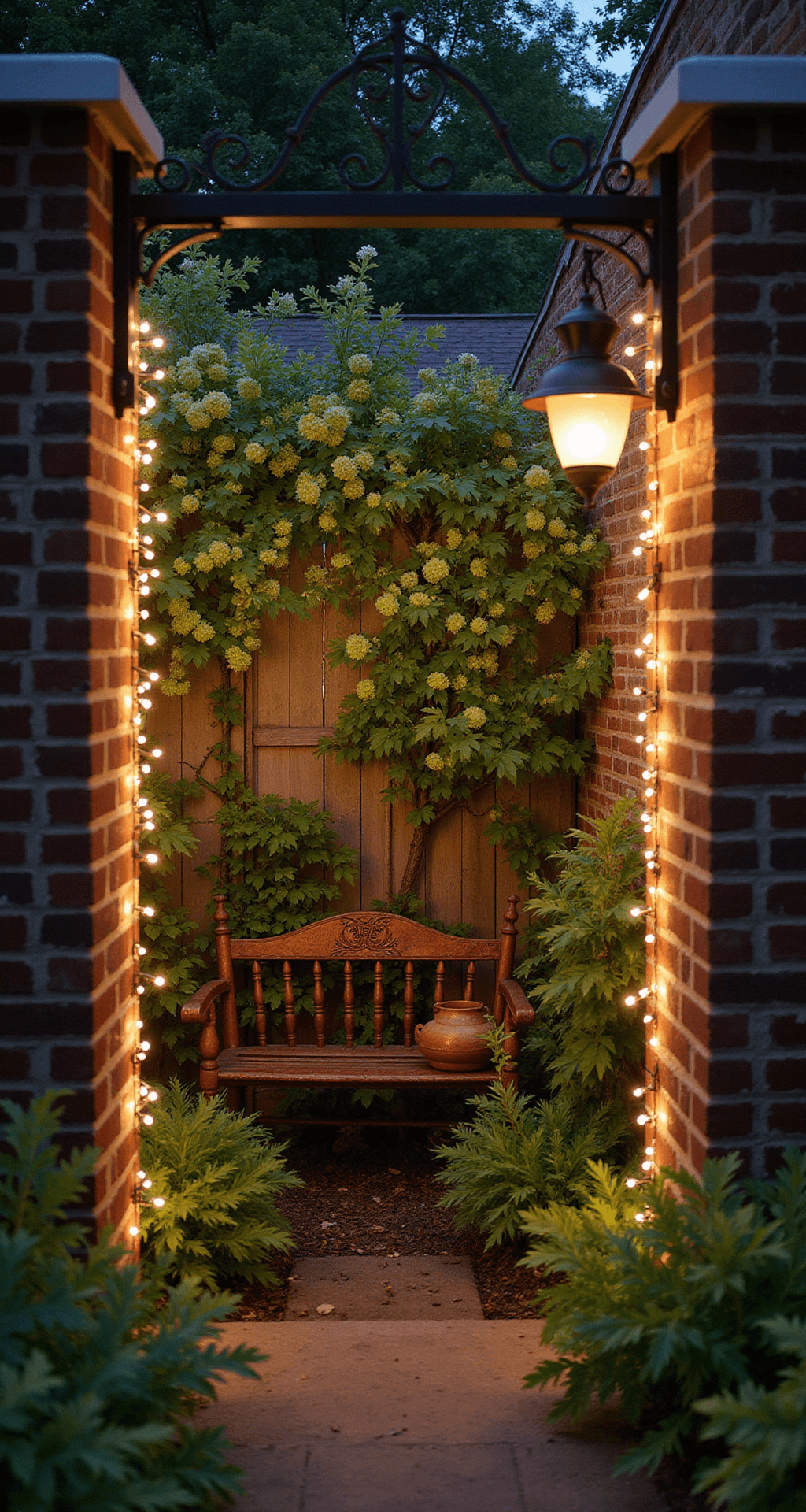 A secret garden nook at night featuring an 8x8 foot brick-walled corner with an antique iron gate, adorned with twinkle lights and climbing hydrangea. A vintage metal bench with copper patina sits beneath a wall-mounted carriage lantern, while foreground herbs in terra cotta pots are softly illuminated by concealed ground lights, viewed through the gate opening.