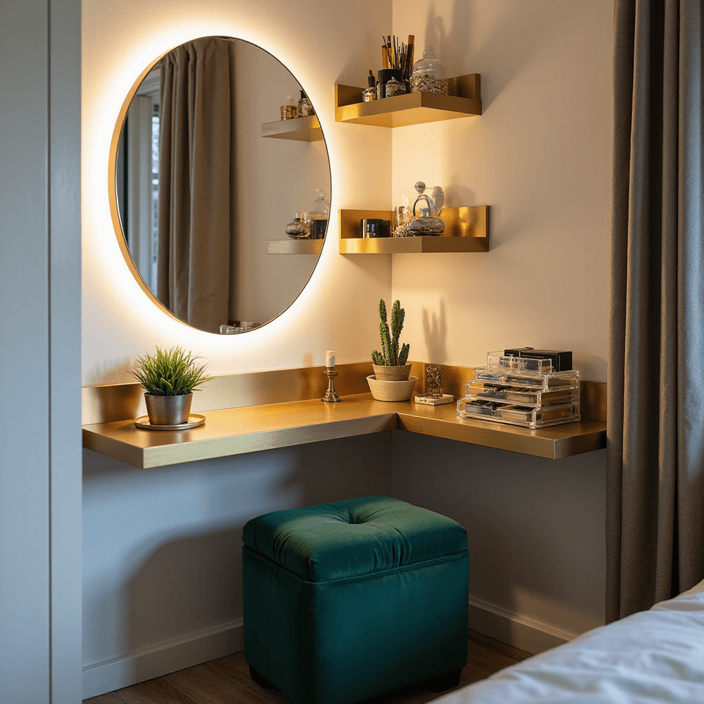 Space-saving corner vanity in an 8x10ft bedroom featuring brushed gold floating shelves, a compact emerald green velvet ottoman, and organized acrylic makeup storage. Shot from above, highlighting dramatic lighting and metallic accents.