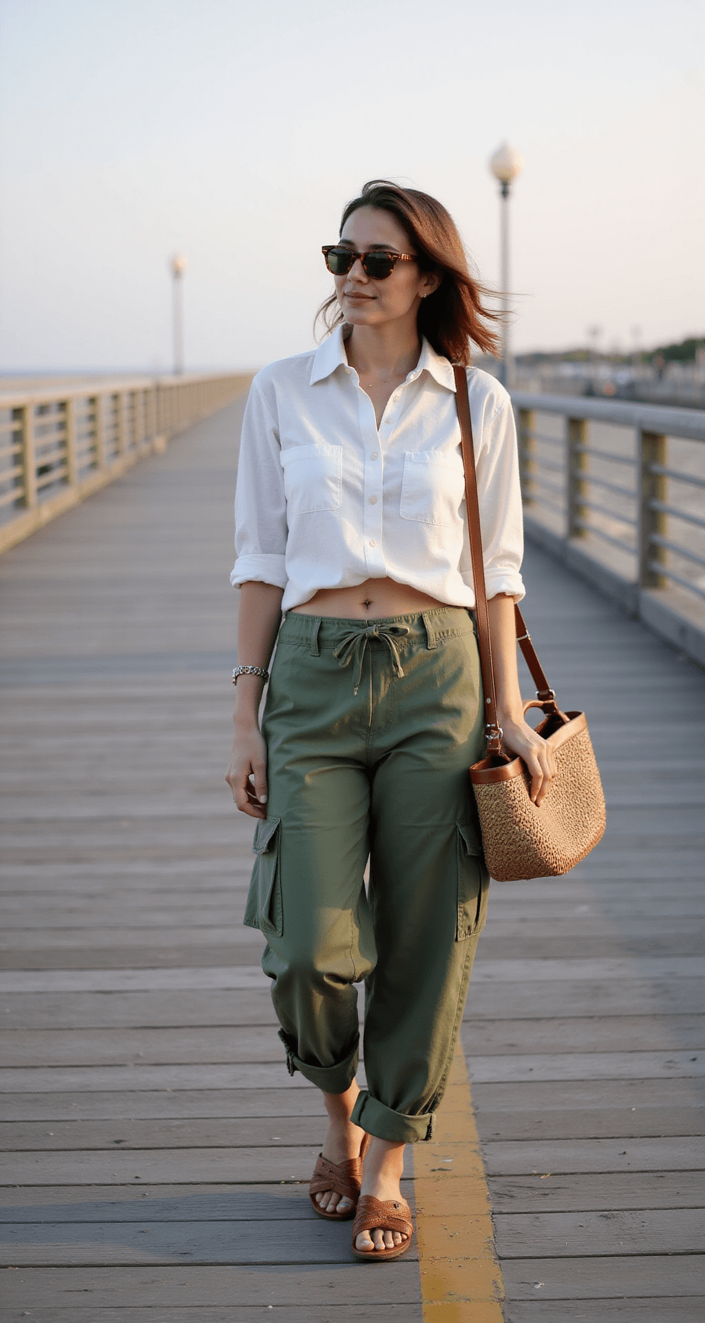 A person wearing rolled-up green cargo pants, a cropped white linen button-down, and leather sandals stands on a beach boardwalk during magic hour, complemented by a woven beach bag and tortoiseshell sunglasses. The ocean breeze gently moves their clothing, captured from street level with a 35mm lens, highlighting the vibrant summer atmosphere.