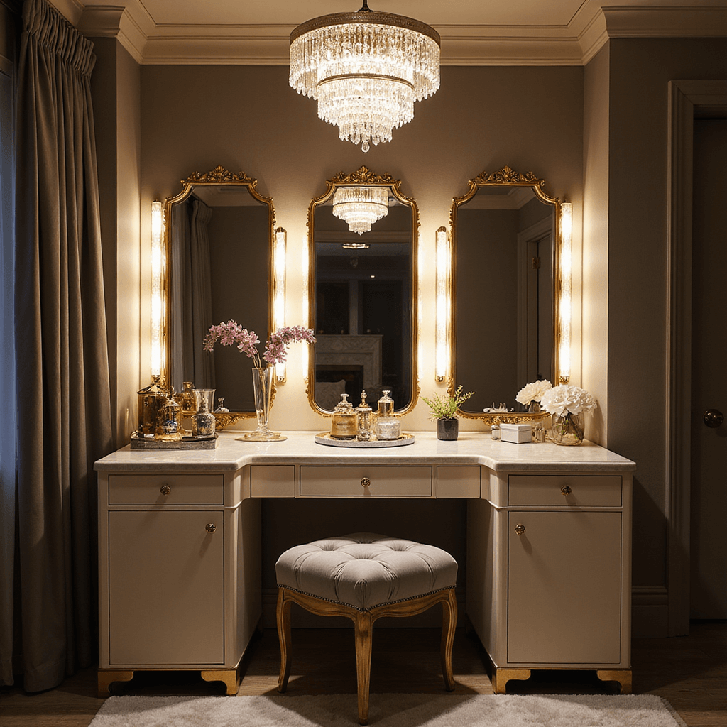 Glamorous Hollywood-style vanity in a master suite featuring cream lacquer with gold accents, plush grey velvet chair, dramatic lighting, crystal chandelier, and luxe accessories, creating a sophisticated atmosphere.