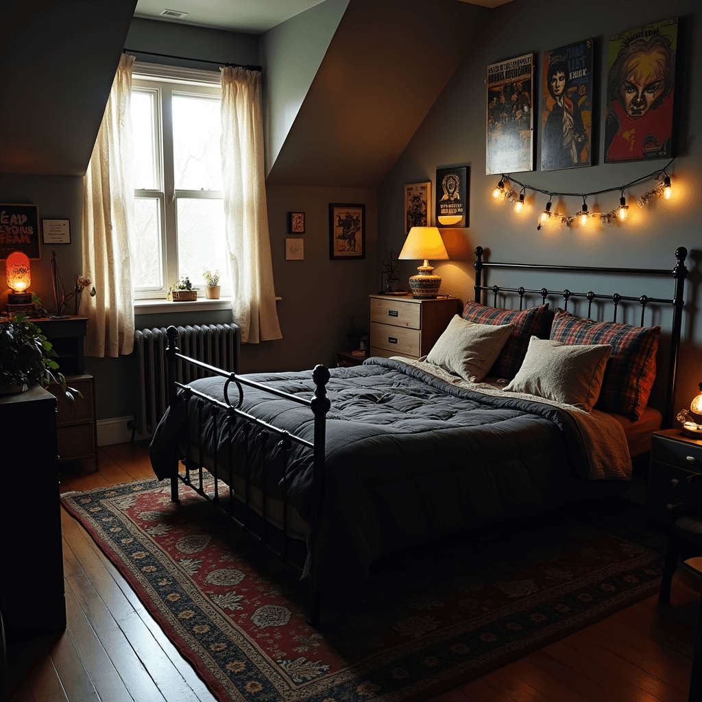 A dimly lit bedroom with slanted ceilings, featuring a distressed metal bed frame with dark layers of bedding, vintage posters on charcoal gray walls, a chipped wooden dresser, and a partially covered hardwood floor, all illuminated by warm sunlight filtering through tattered curtains.