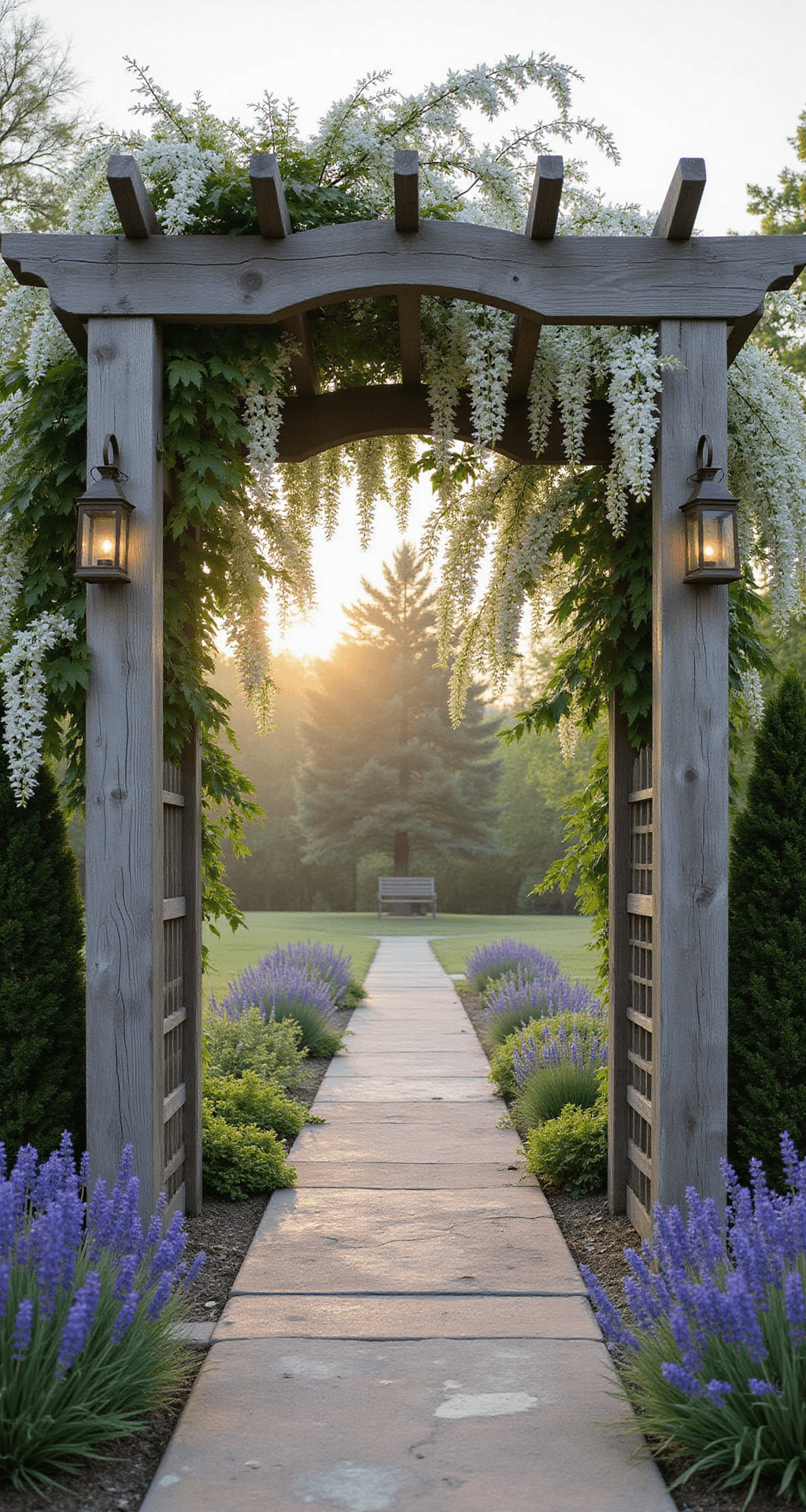 A grand garden entrance with an 8-foot tall weathered cedar arbor, framed by cascading white wisteria and flanked by lavender beds, under soft morning light and atmospheric mist, featuring aged copper lanterns and a natural stone pathway.
