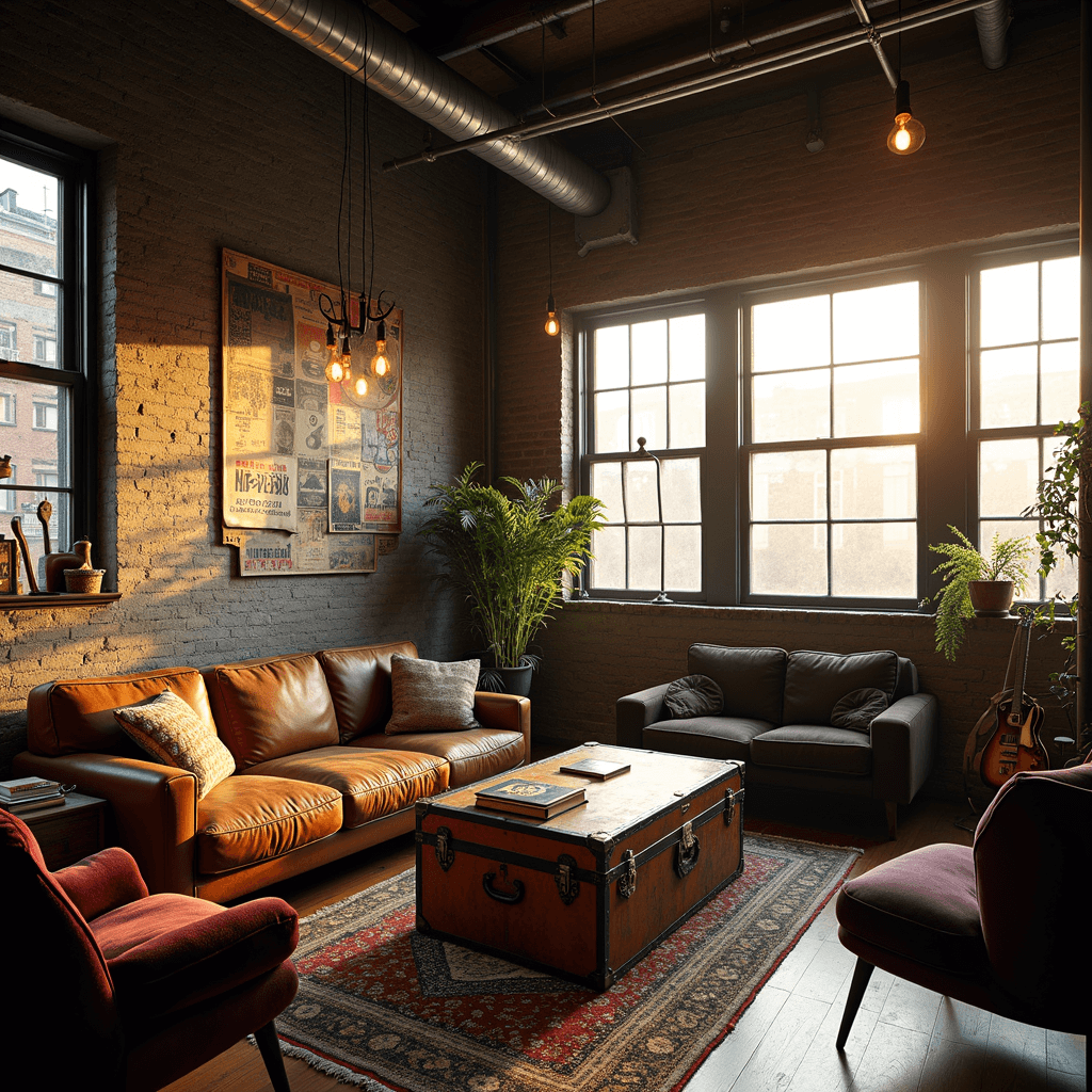 Eclectic living room with high ceilings and exposed brick walls, illuminated by golden hour light through factory-style windows, featuring mismatched vintage furniture, DIY art, and musical instruments.