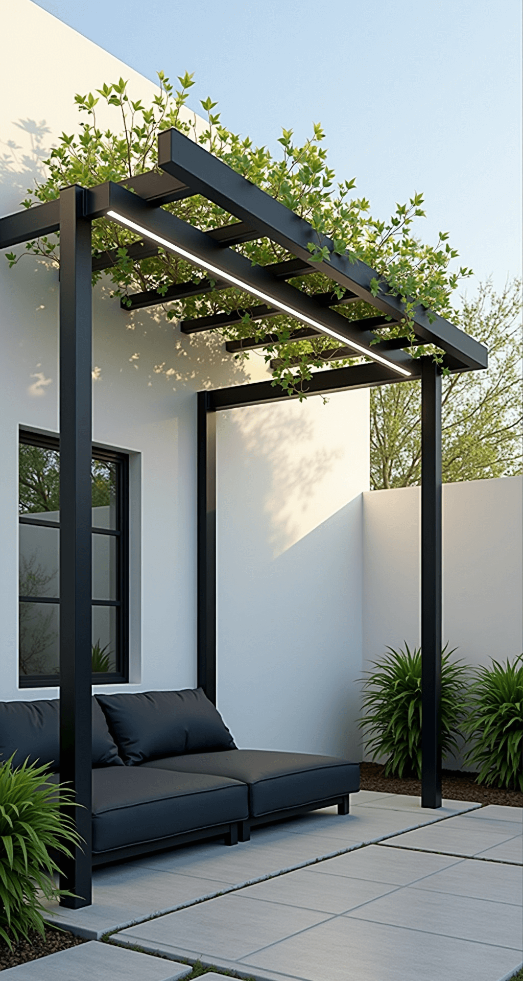 Modern metal arbor with matte black aluminum frame and integrated LED strips in a minimalist courtyard, featuring young jasmine vines and contemporary charcoal lounge seating, captured in sharp focus against white stucco walls.