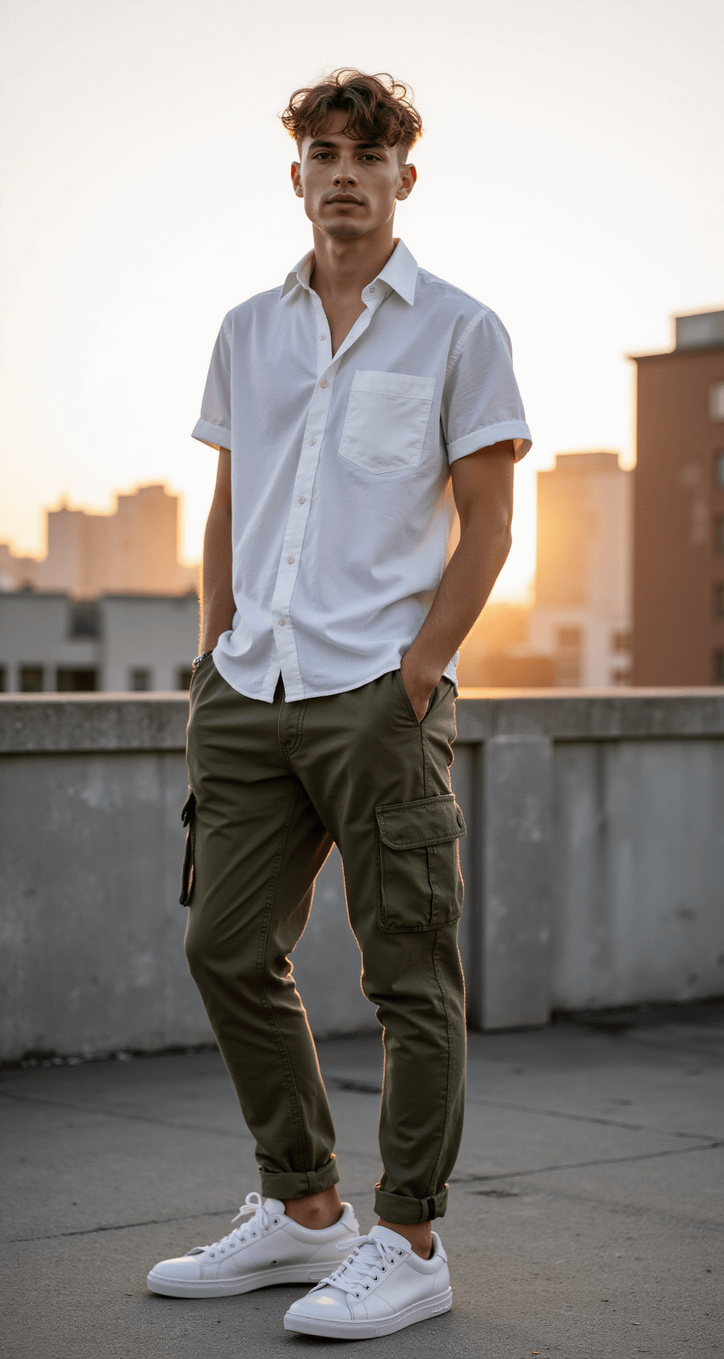 A young man in slim-fit olive cargo pants and a white Oxford shirt stands against a city skyline during golden hour, with sunlight highlighting the fabric. He wears minimalist white leather sneakers, captured from a low angle with soft bokeh in the background.