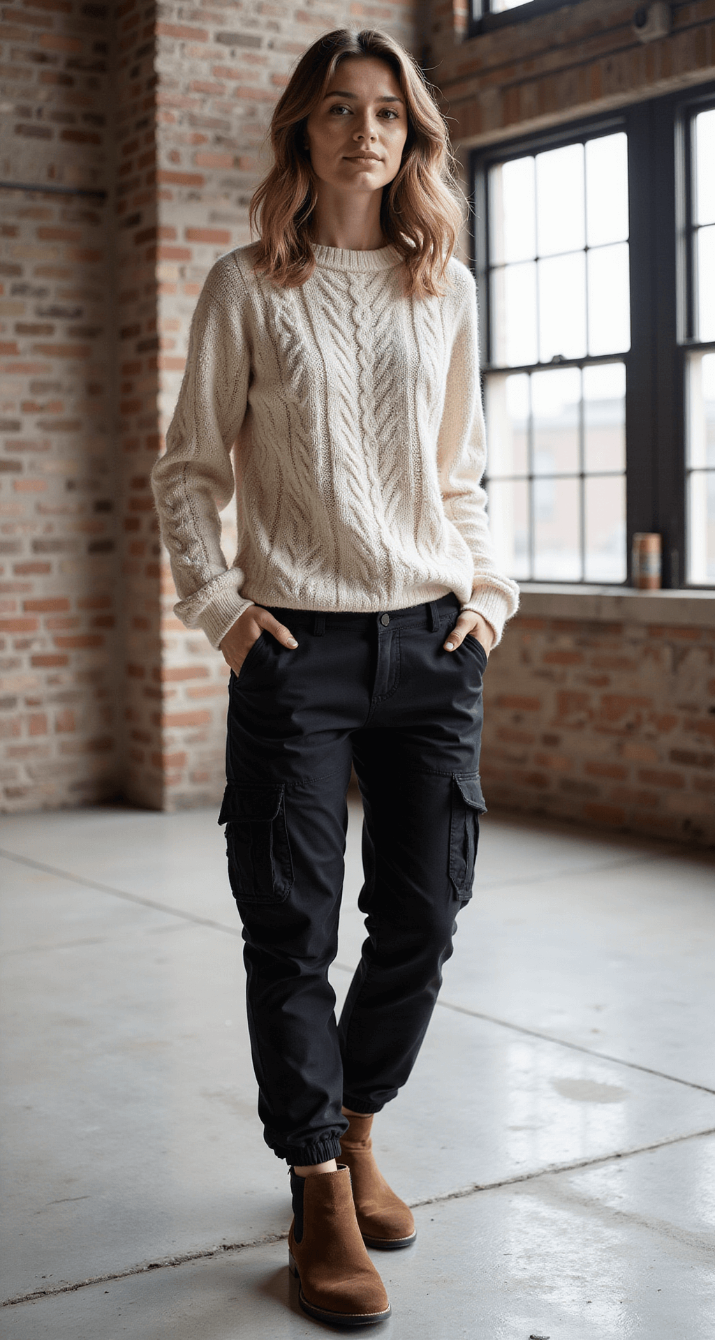 A model in black tapered cargo pants and an oversized cream cable-knit sweater stands in an industrial loft with exposed brick walls and large windows, bathed in morning light. The outfit highlights cargo pocket construction and pant tapering, showcased from a 3/4 angle to emphasize proportions. Natural editorial lighting enhances the scene.