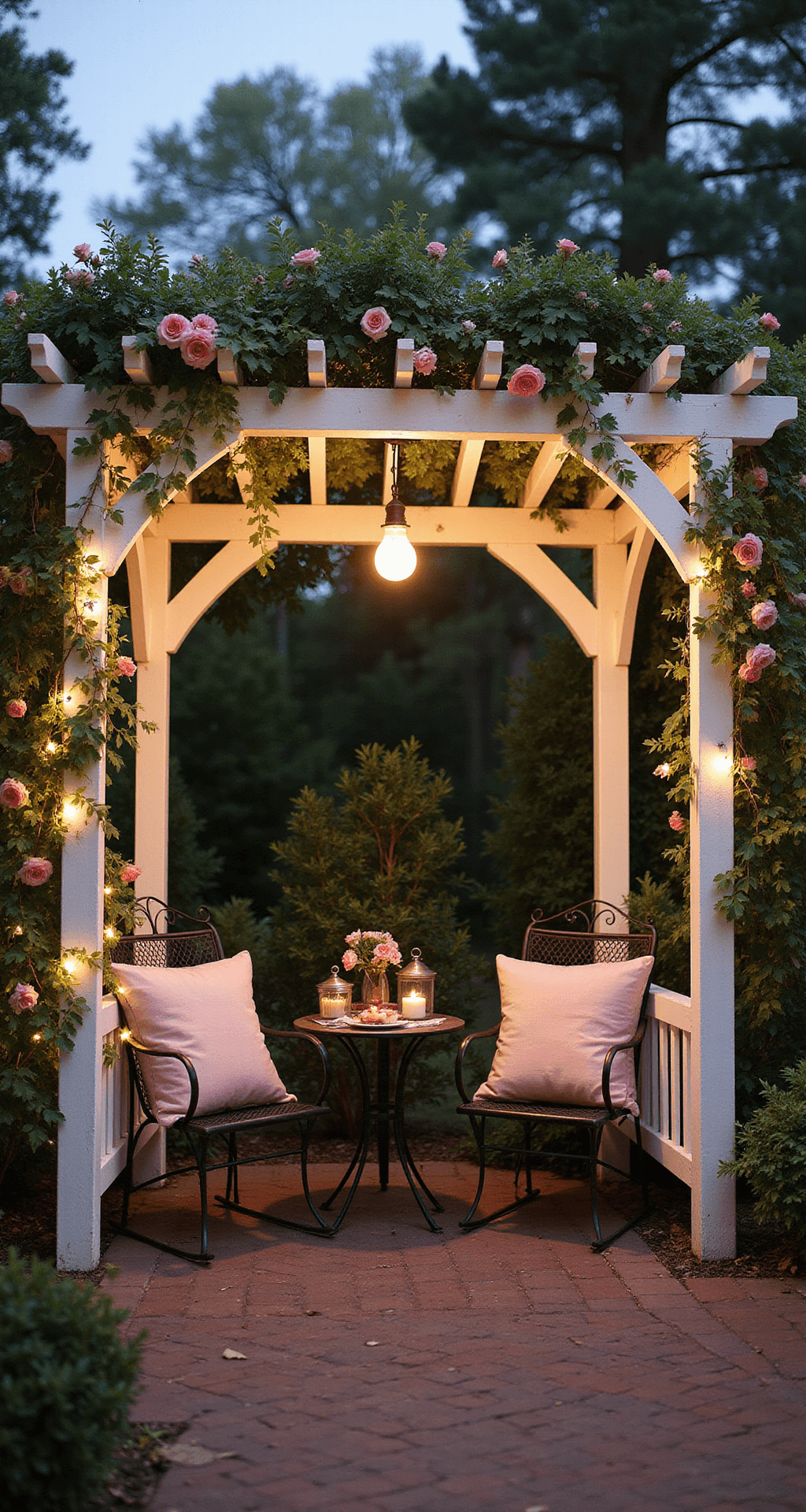 A cozy garden room under a Victorian-style white PVC arbor, adorned with pink climbing roses and twinkle lights at dusk. A vintage iron bistro set is centered on a brick patio, complemented by soft throw pillows and lanterns, creating an intimate atmosphere. The image captures the structure at a 45-degree angle with a shallow depth of field, showcasing a color palette of antique white, blush pink, and aged iron.