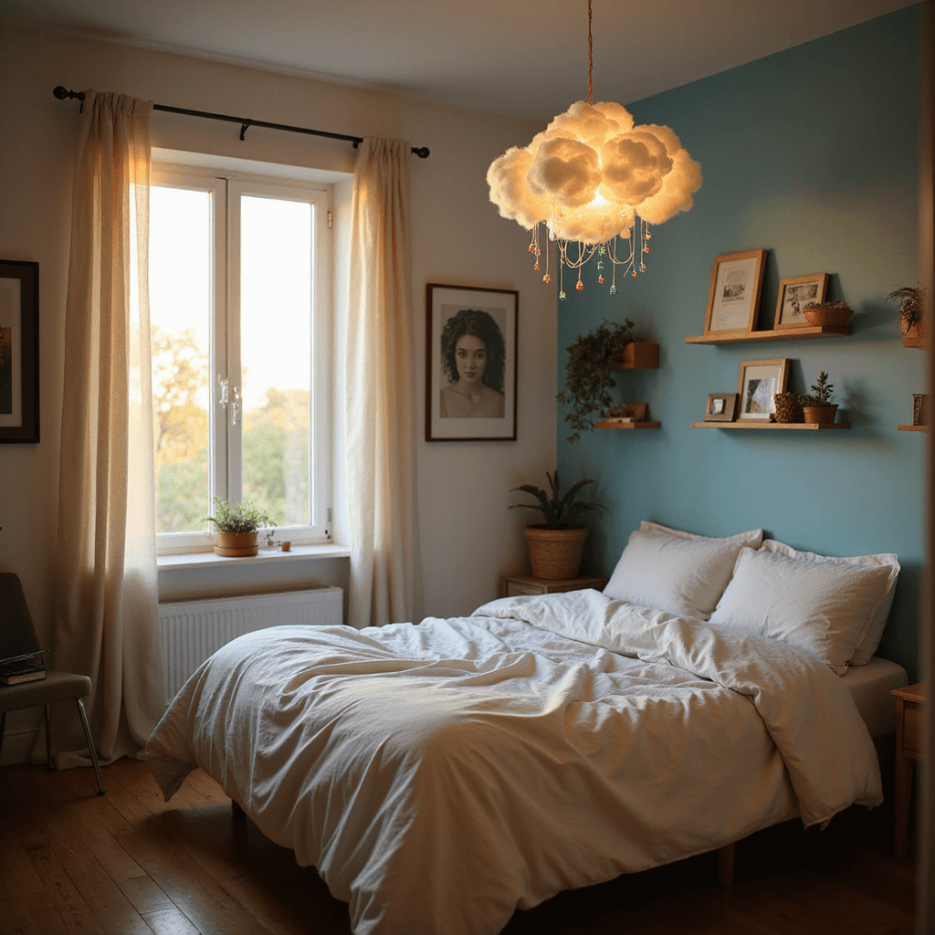A cozy bedroom with a queen-sized bed and rumpled white linens against a pale blue wall, featuring a homemade LED cloud lamp emitting soft, colorful light. Golden hour sunlight filters through sheer curtains, illuminating eclectic decor on floating shelves and warm wooden floorboards.
