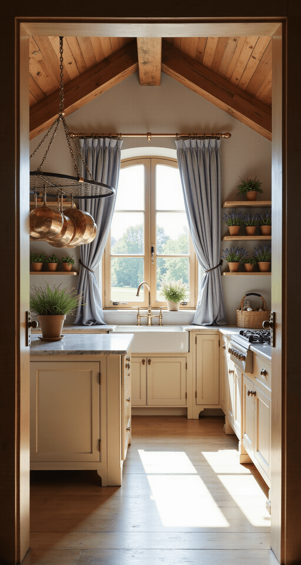 A spacious French country kitchen bathed in golden hour light, featuring exposed wooden beams, a creamy white marble-topped island, soft beige cabinets, and a farmhouse sink with blue-striped curtains, all adorned with terracotta pots of fresh lavender.