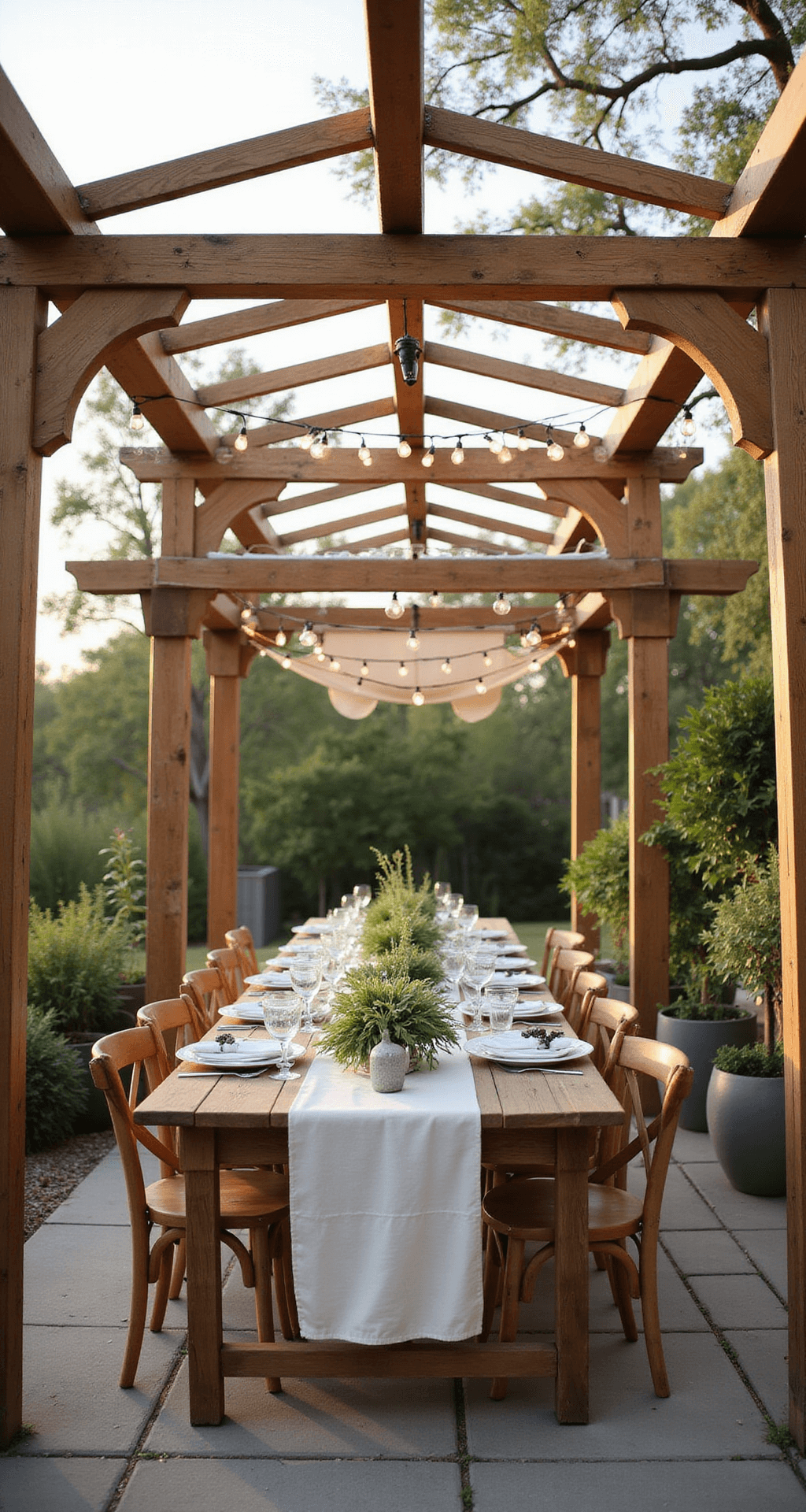 A warm, inviting outdoor dining area features a natural wooden pergola with reclaimed oak beams and a canvas shade cloth, styled with a botanical table runner on a farm table seating eight, surrounded by potted herbs and illuminated by overhead string lights during late afternoon.