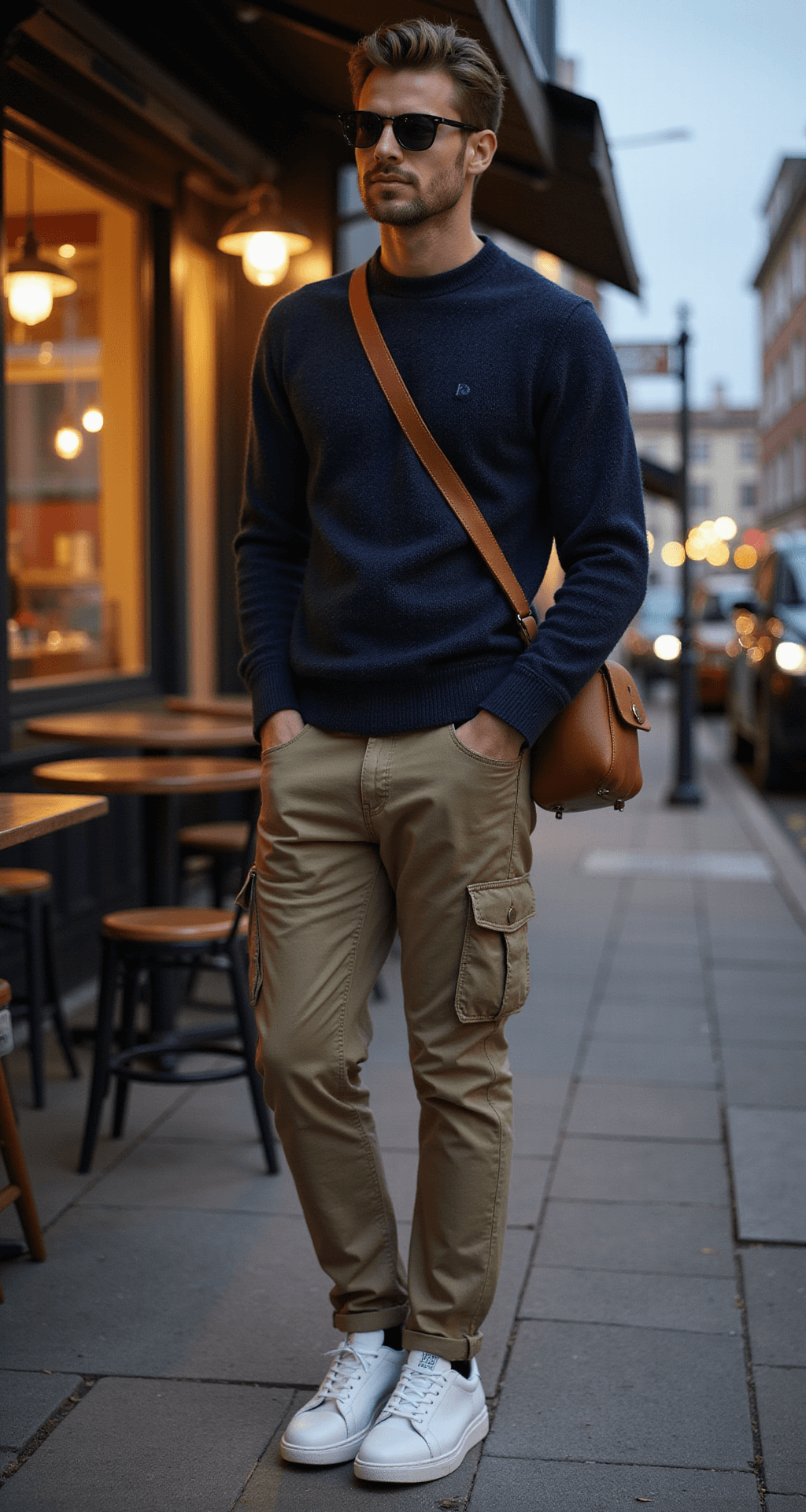 A model in khaki cargo pants and a navy sweater stands at a street corner cafe at dusk, wearing white sneakers and carrying a leather messenger bag, with warm cafe lights creating a cozy atmosphere.