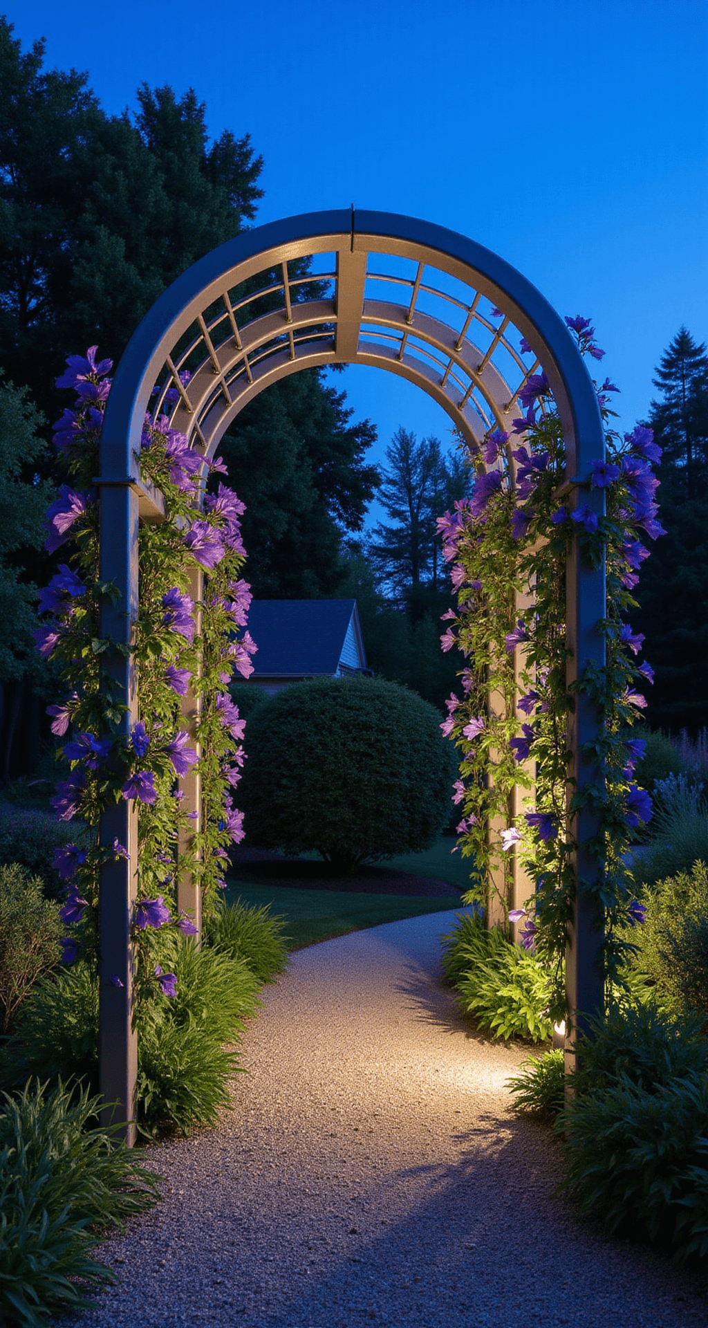 Contemporary brushed steel arbor spanning 15 feet, adorned with purple clematis, serves as a garden divider illuminated at blue hour; symmetrical composition with gravel path leading between formal and wild garden sections, featuring a color palette of silver, deep purple, and charcoal.