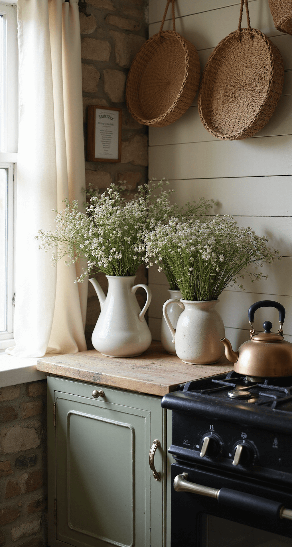 Intimate morning scene of a French country kitchen corner with early light filtering through sheer curtains onto a weathered oak table adorned with vintage ceramic pitchers filled with wildflowers, rough stone wall, cream shiplap, hanging woven baskets, and a copper tea kettle on a vintage range.