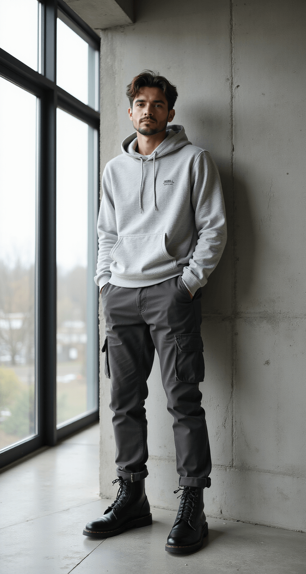 A person stands near a concrete wall in a modern minimalist apartment illuminated by afternoon light, wearing charcoal cargo pants, a light grey hoodie, and black combat boots, with clean shadows highlighting the textures of their outfit.