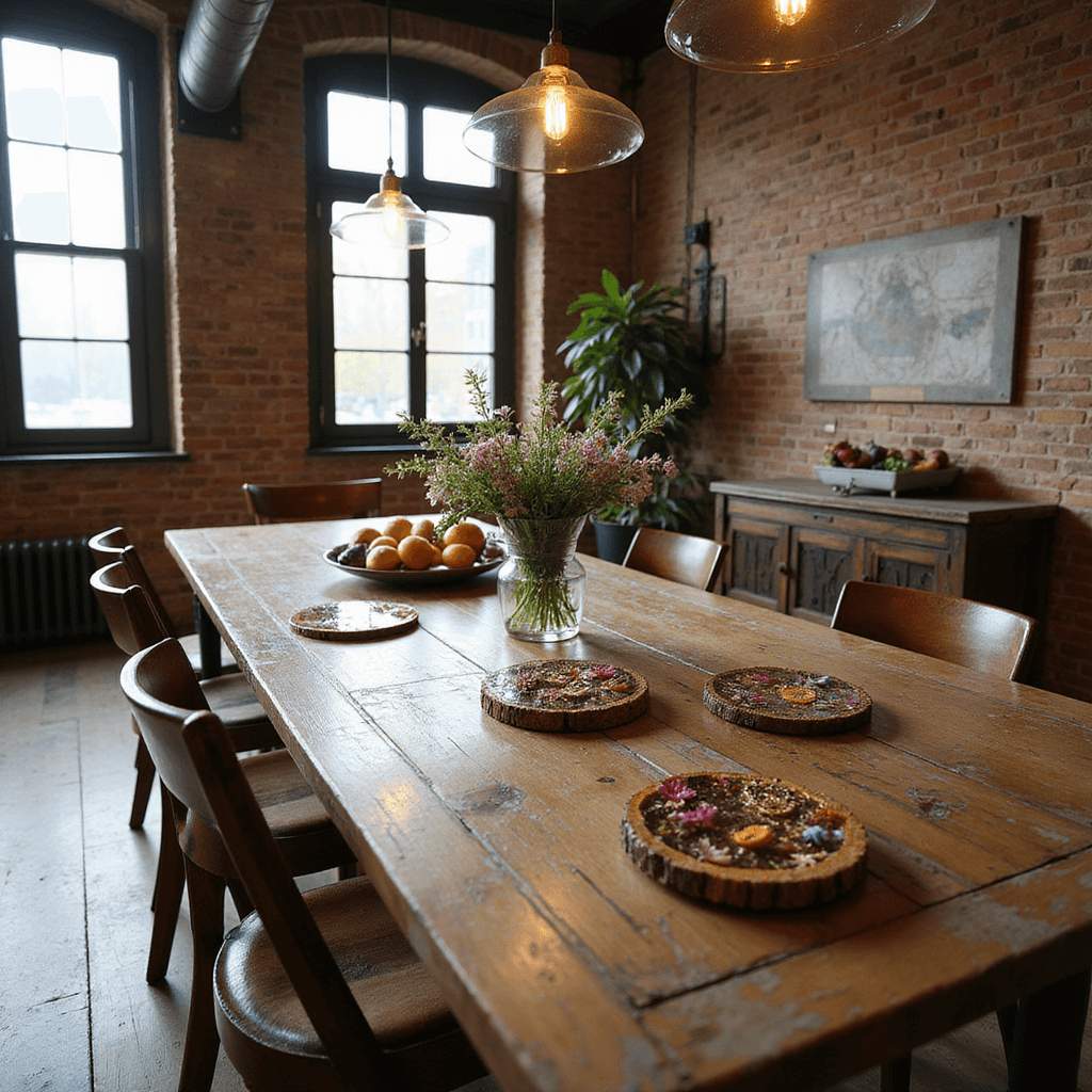 A rustic dining area with handmade resin coasters on a weathered oak table, surrounded by mismatched vintage chairs. The space features exposed brick walls and industrial pendant lights, with a vase of wildflowers and a bowl of fresh fruit. Sunlight streams through tall windows, highlighting the coasters' floral designs and gold swirls.
