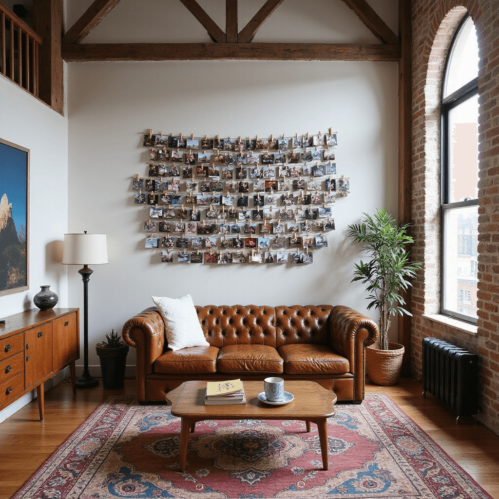 A bohemian living room with high ceilings and exposed beams features a leather Chesterfield sofa as the focal point. A large photo collage wall made of wooden clothespins and twine showcases a collection of memories, illuminated by soft natural light that highlights the warm earth tones and jewel accents of the eclectic vintage and modern furniture.