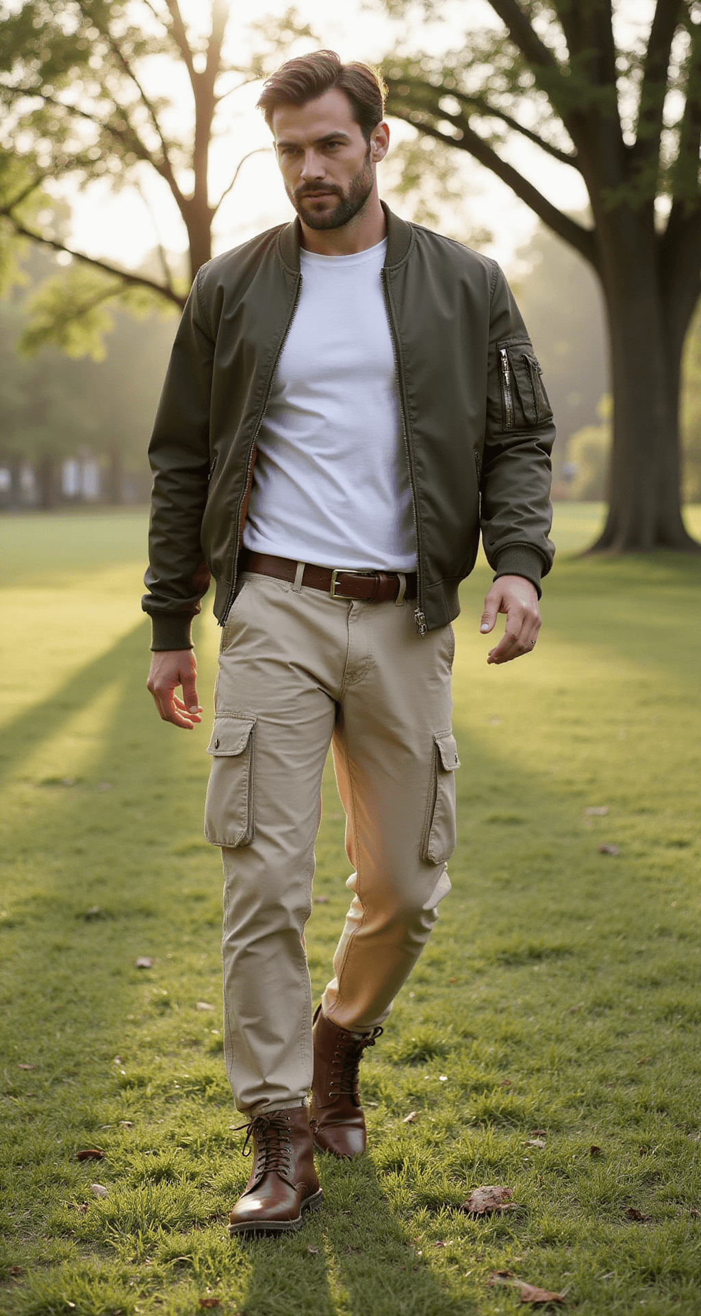 A model in a beige cargo pants, white fitted t-shirt, and olive bomber jacket walks through an outdoor park at dawn, surrounded by dewy grass and trees, captured in a side profile angle that conveys a relaxed movement.