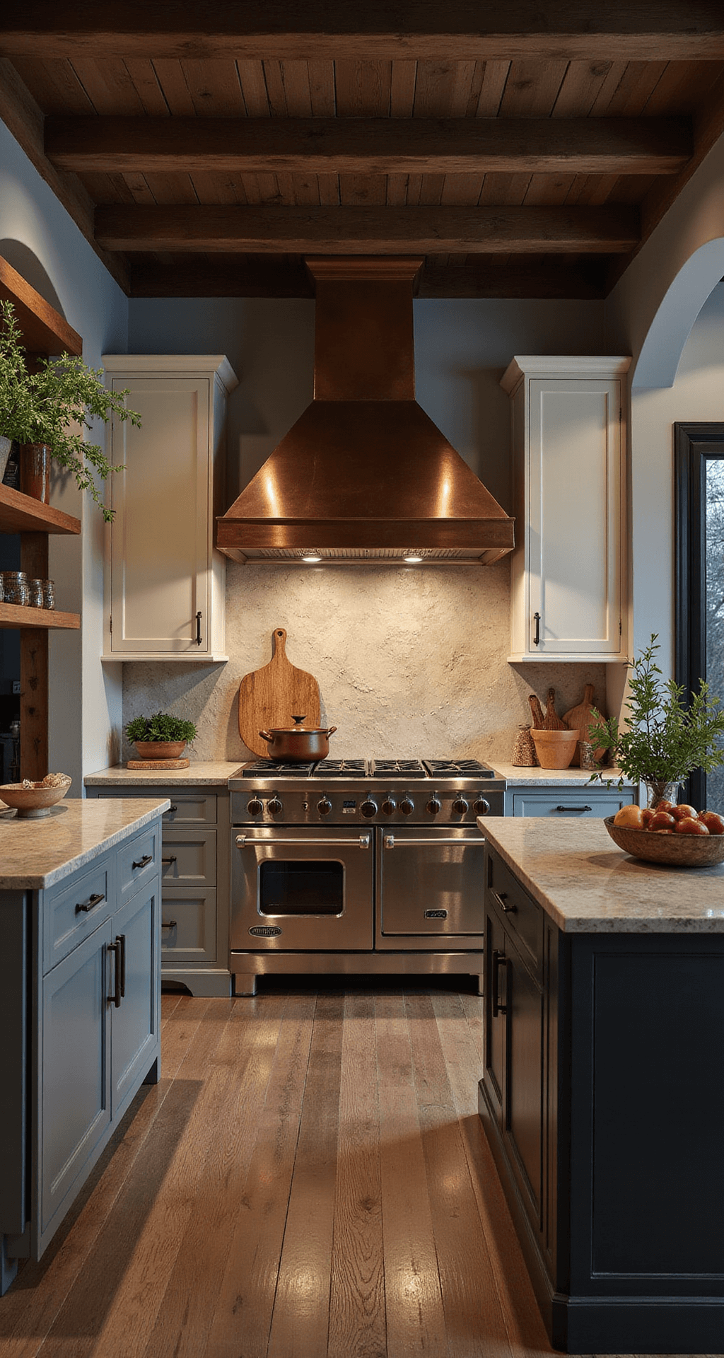 A dramatic kitchen at dusk, featuring an aged copper range hood, reclaimed wooden floors, and a large cooking area with herbs drying from ceiling-mounted racks. Dove grey upper cabinets and creamy lower cabinets contrast, alongside antique cutting boards against a tumbled limestone backsplash, all illuminated by warm under-cabinet lighting.
