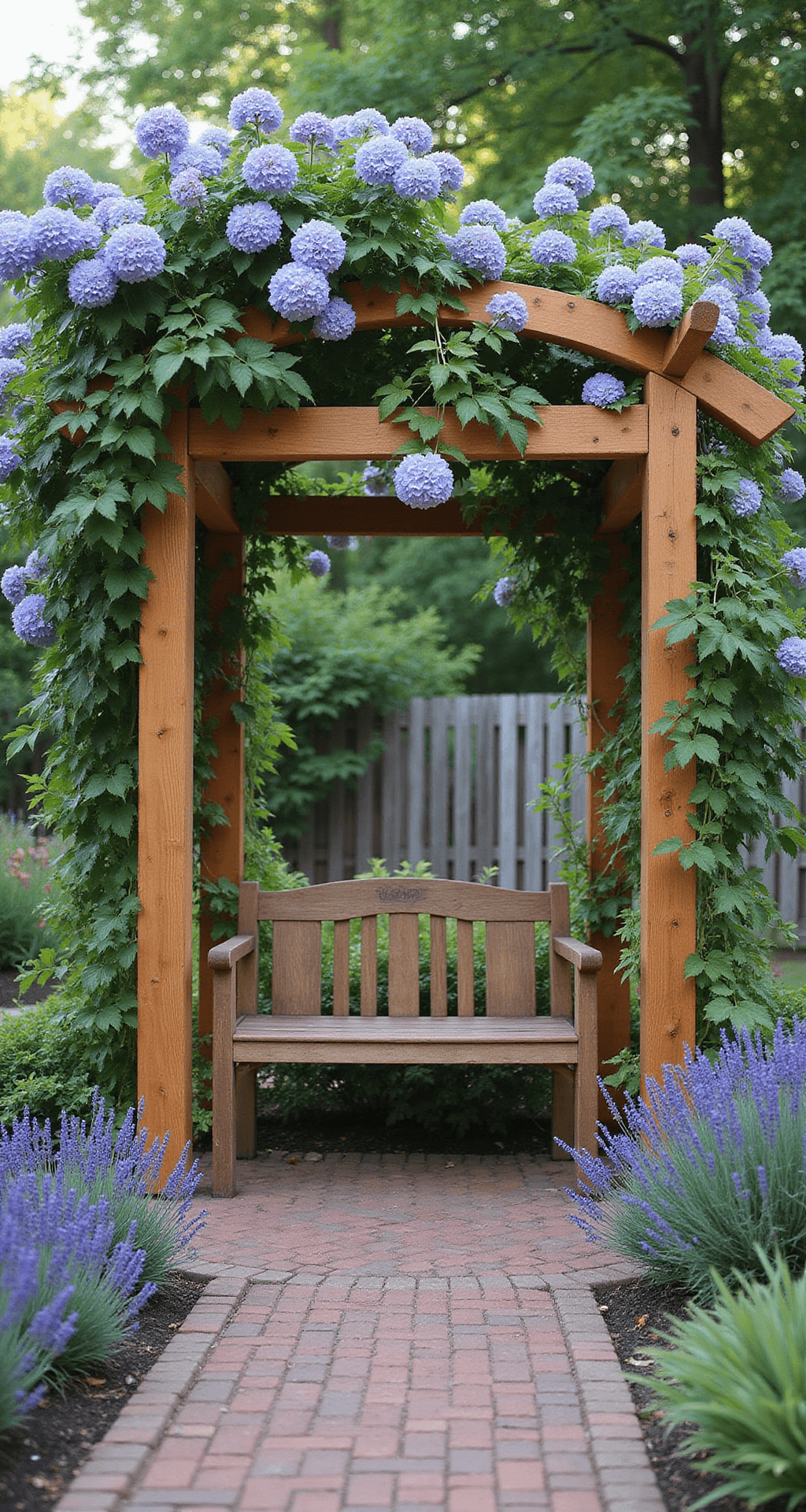 A rustic cedar arbor in a cottage garden, framed by climbing hydrangea and morning glory, over a vintage wooden bench, with a brick pathway bordered by English lavender, captured in soft morning light.