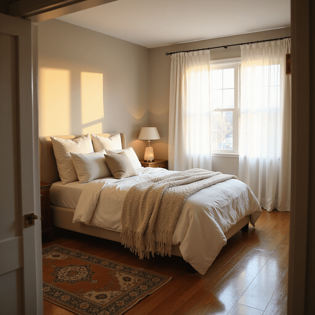 A serene bedroom at golden hour, featuring a king bed with cream linens and a chunky ivory throw, surrounded by soft pillows. Warm oak floors showcase a vintage Persian rug, while brass lamps and a Himalayan salt lamp create a cozy, ambient glow.