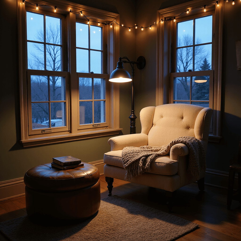 Cozy reading nook at dusk featuring an oversized oatmeal bouclé armchair under a black industrial sconce, a weathered leather ottoman with open books, string lights outlining leaded glass windows, and a macro view of a knitted throw's texture in the foreground, all bathed in a mix of cool blue twilight and warm indoor lighting.