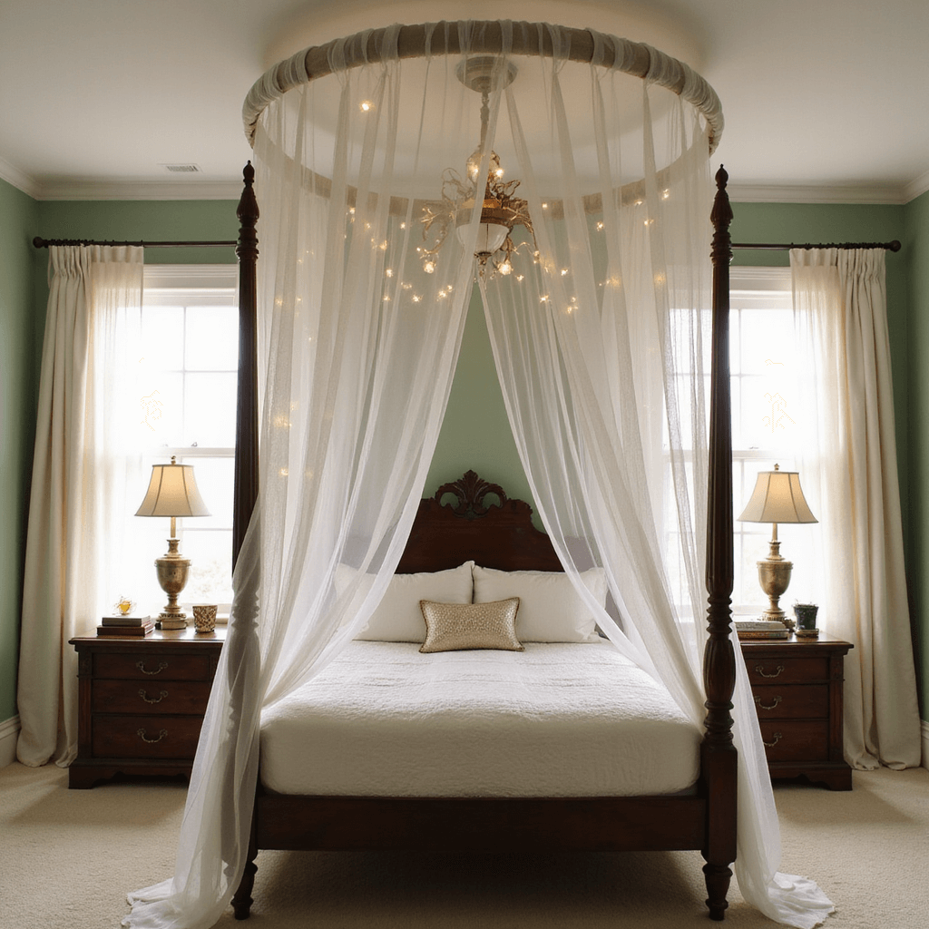 A dreamy bedroom with a DIY canopy over a four-poster bed, featuring soft sage green walls, plush cream carpeting, and sheer white curtains draped from a circular hoop, illuminated by fairy lights. Antique nightstands with vintage lamps and books flank the bed, while early morning light filters through gauzy window treatments, creating a romantic ambiance.