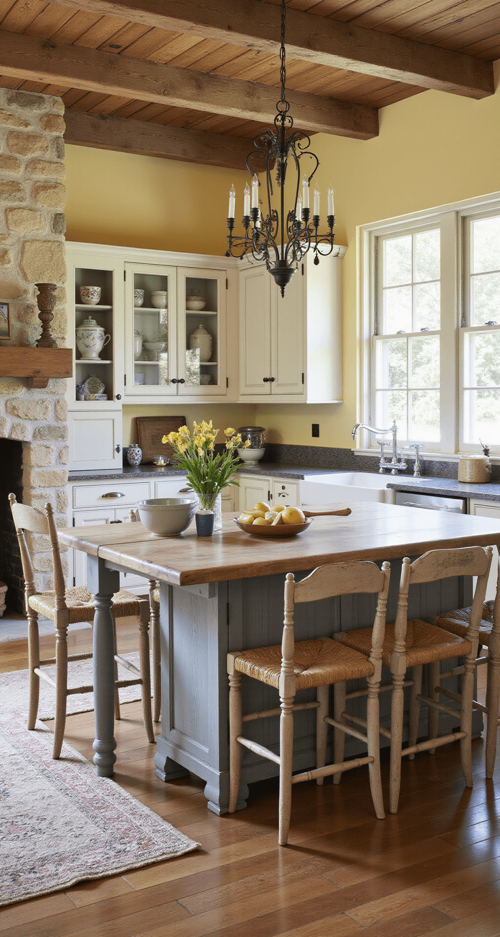 L-shaped French country kitchen with a floor-to-ceiling stone fireplace, rustic wooden beams, vintage chandelier, white-washed cabinets displaying ceramics, large island with butcher block top, woven rush bar stools, and soft yellow walls illuminated by natural light.