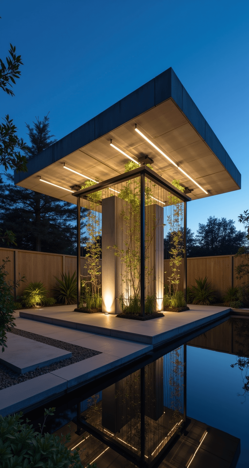 A modernist concrete and steel arbor at twilight, featuring a floating concrete beam supported by slim steel columns, illuminated by LED strips creating geometric patterns, with star jasmine climbing steel cables and reflecting in a still pool below, captured from a low angle.