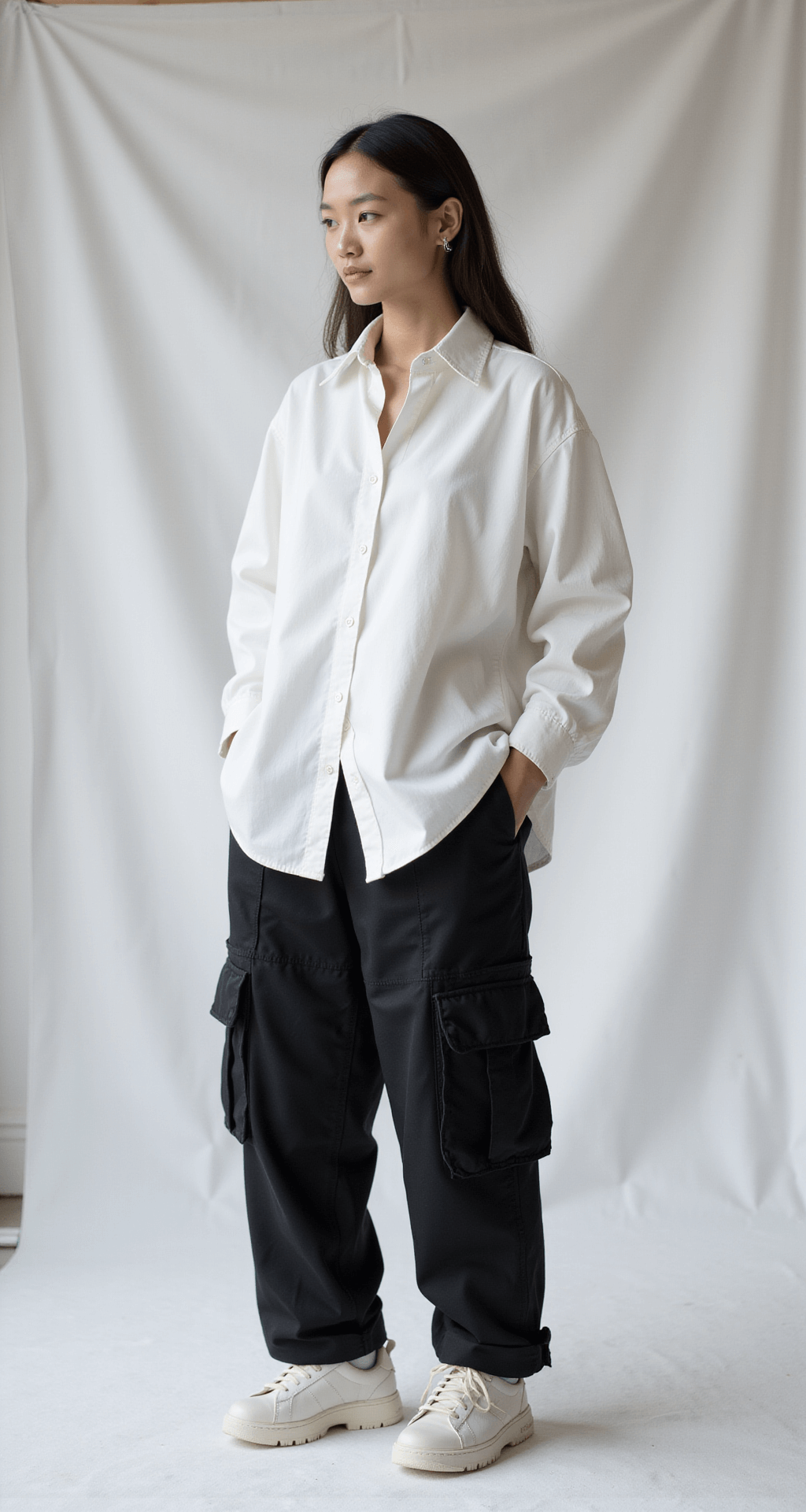 Fashion editorial featuring a model in black cargo pants, oversized white button-down shirt, and chunky white sneakers, accessorized with minimal silver jewelry, set against a white cyclorama background with even, diffused lighting, showcasing contemporary silhouettes from multiple angles.