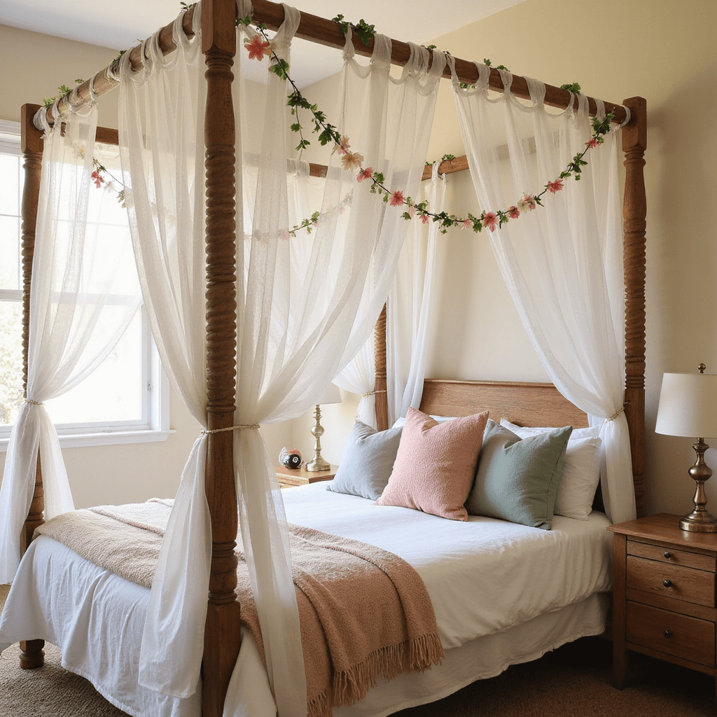 A cozy bedroom corner featuring a rustic wooden bed with a sheer white DIY canopy adorned with faux flowers, pastel throw pillows, and a playful pool ball candle holder, all bathed in warm afternoon light.