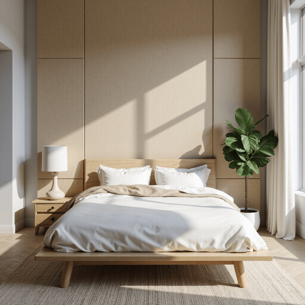 A minimalist bedroom sanctuary featuring a California king platform bed in bleached oak, layered with white and cream linens, against a textured grasscloth accent wall. Morning light floods through floor-to-ceiling windows, highlighting a potted fiddle leaf fig and ceramic bedside lamps with linen shades in a symmetrical composition.