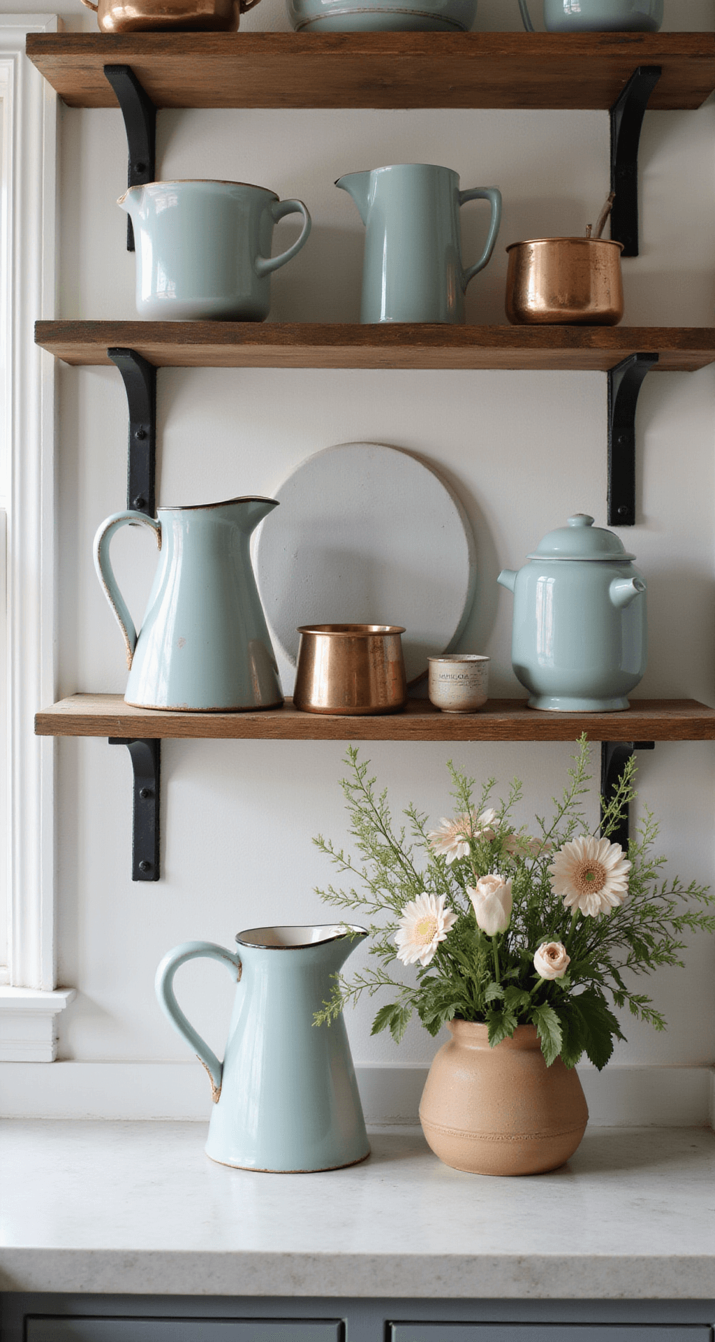Close-up of an open shelving vignette in a kitchen, featuring collected ironstone pitchers, copper measures, and pale blue enamelware against white-washed boards, with fresh market flowers in an earthenware vessel. A vintage scale enhances the character of the scene, capturing soft shadows and a muted color palette.