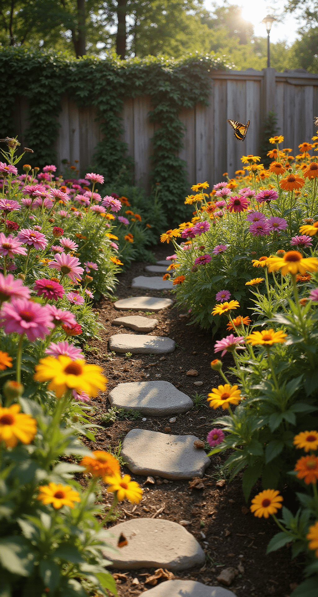 A vibrant backyard garden at golden hour features a wildflower patch bursting with Black-eyed Susans, Zinnias, and Cosmos, illuminated by soft light that highlights dewdrops on petals. A winding stone pathway leads through colorful blooms in shades of yellow, magenta, and coral pink against lush green foliage, with butterflies fluttering nearby and a wooden fence adorned with climbing nasturtiums in the background.