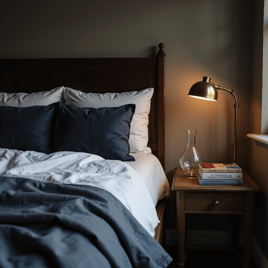 A cozy bedroom scene viewed from above, featuring rumpled white cotton sheets and a charcoal linen duvet, accented with vintage indigo throw pillows. A bedside table holds stacked art books, a crystal carafe, and a brass task lamp, all illuminated by warm puck lights that enhance the textured walls and create a rich, intimate atmosphere.