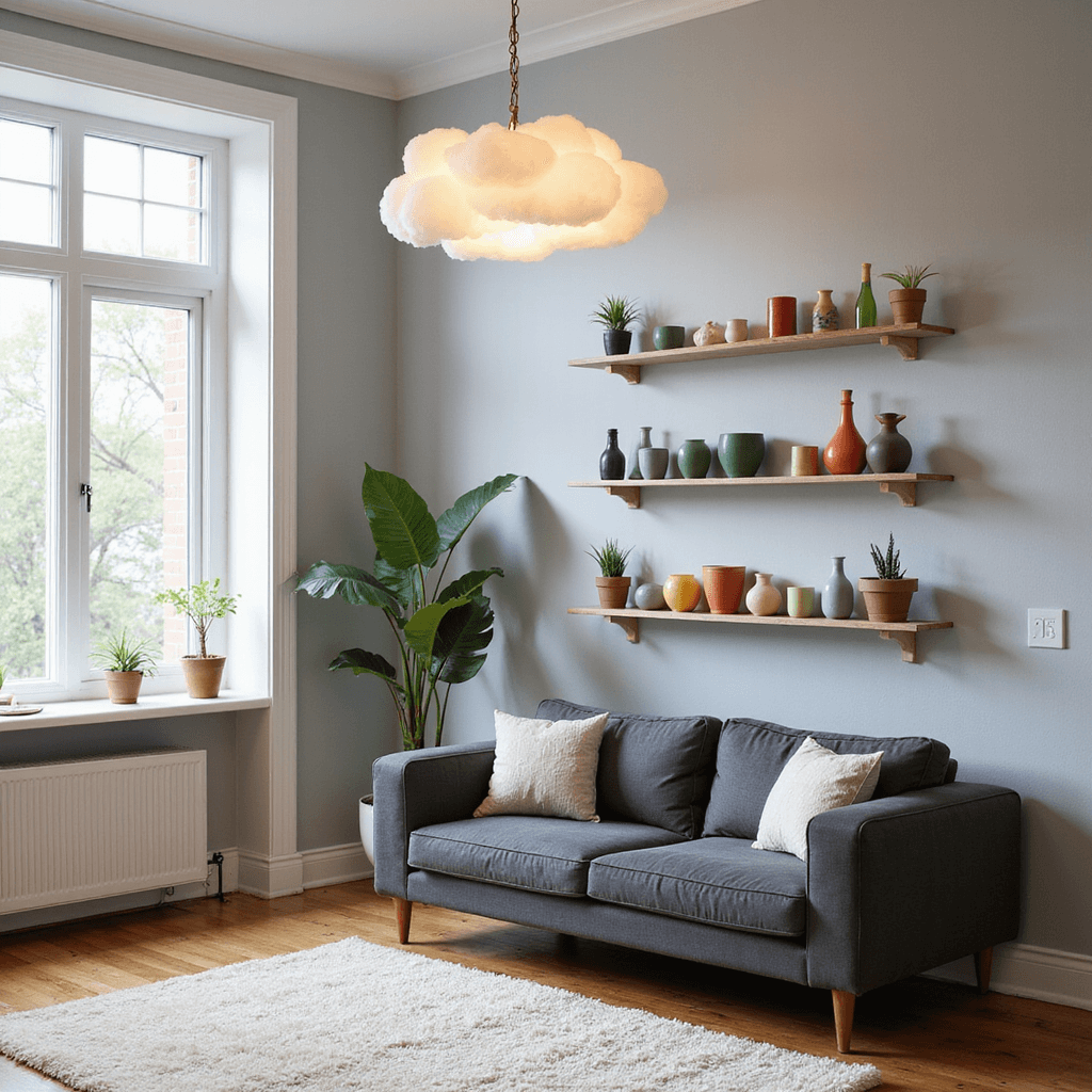 A bright and airy living room featuring large windows with morning sunlight, a DIY floating LED cloud light, a charcoal gray mid-century modern sofa, colorful painted plant pots and bottles on floating shelves, light gray walls, and an ivory plush rug over hardwood floors, all captured from a slightly elevated wide-angle perspective.