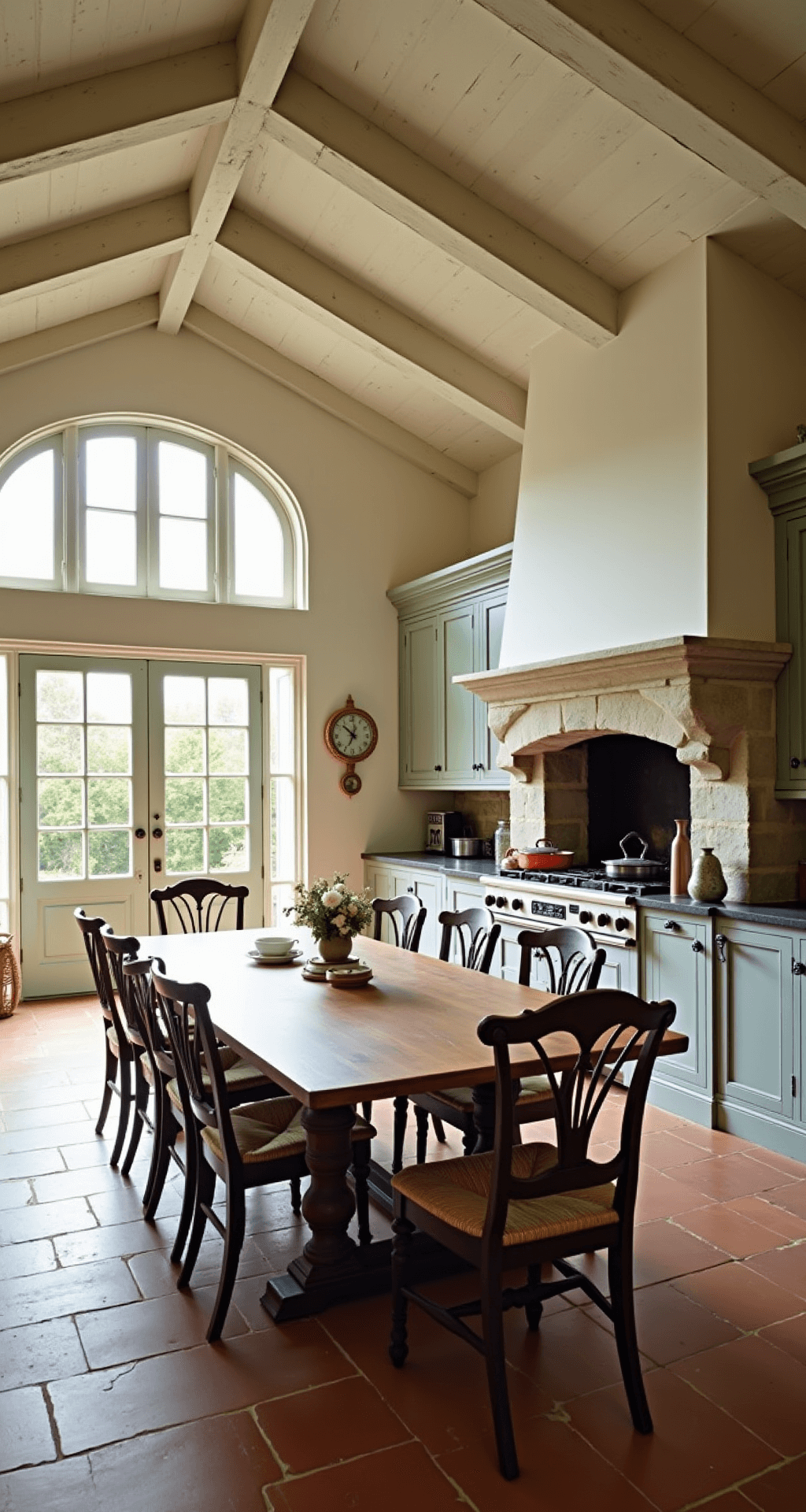 Wide shot of a farmhouse kitchen-dining area featuring a 20ft cathedral ceiling with whitewashed beams, a massive stone hearth with hanging copper pots, distressed grey-blue cabinets, a vintage farm table seating eight, and warm terracotta floor tiles, illuminated by golden hour light filtering through French doors.
