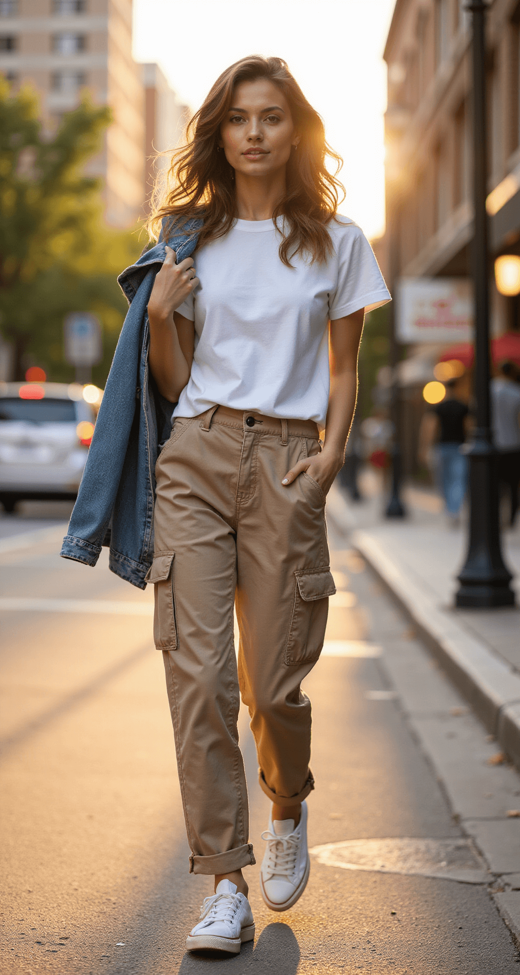 A fashion model confidently walks on a sunlit urban street corner during golden hour, wearing tailored beige cargo pants, a crisp white oversized t-shirt, and pristine white canvas sneakers, with a denim jacket draped over one shoulder. The scene captures her mid-stride with a soft bokeh effect of city architecture in the background, showcasing the texture of the fabric in photorealistic detail.