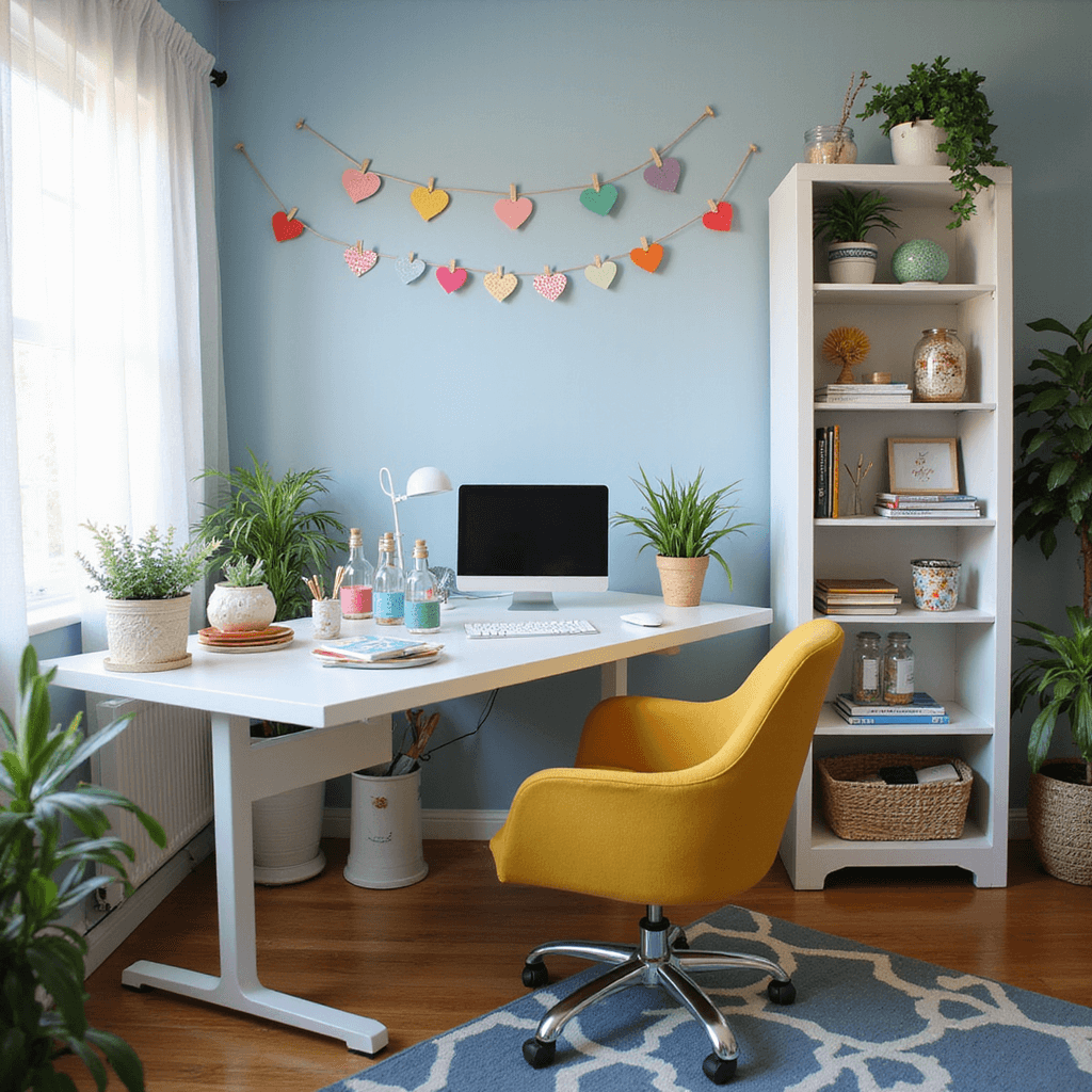 A cozy home office nook in a 10x12 foot room, featuring a sleek white desk with DIY painted plant pot organizers, colorful paper heart garlands, a tall bookshelf with painted bottles and books, and a mustard yellow swivel chair, all illuminated by soft late morning light.