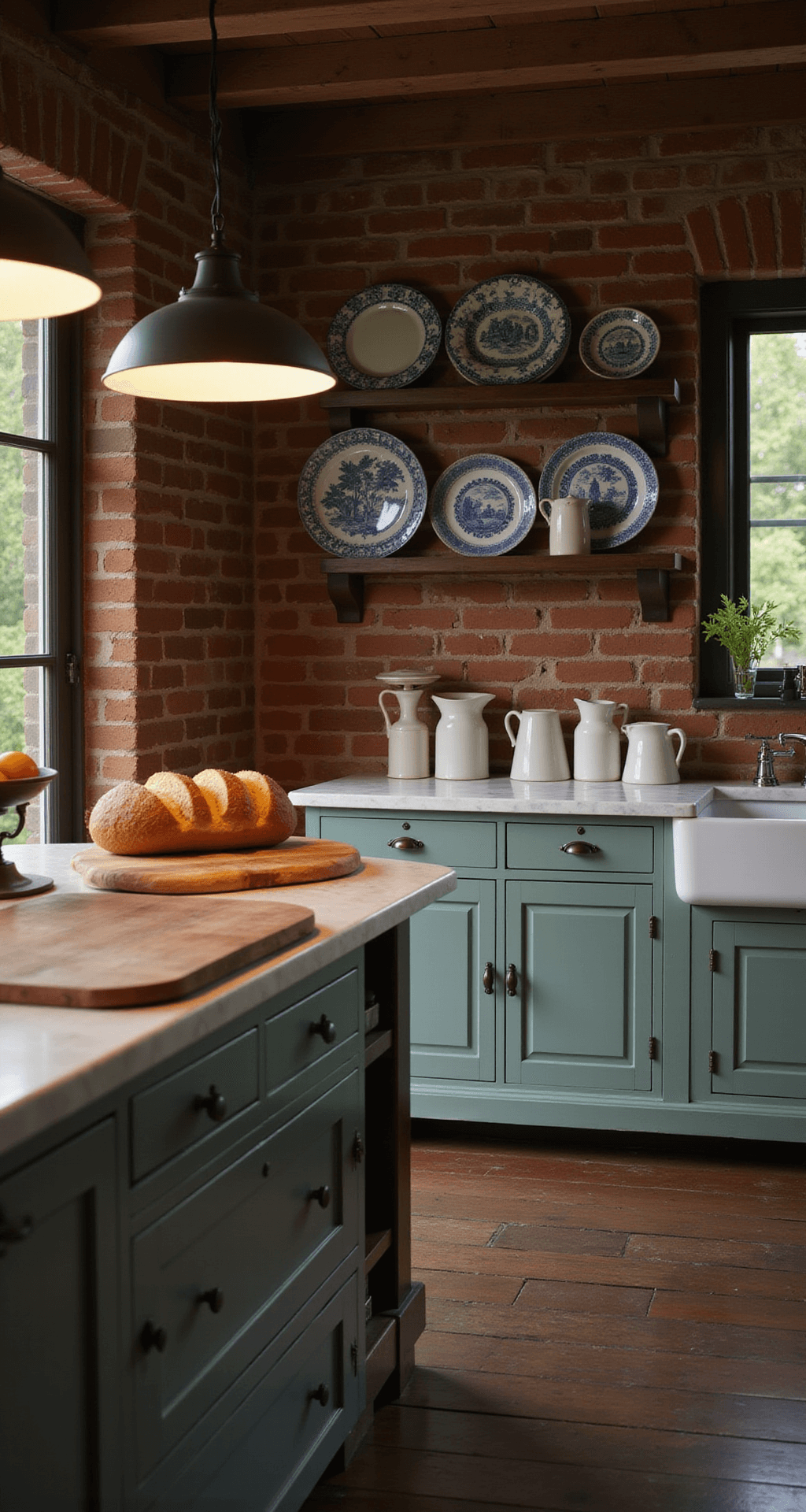 Cozy French country kitchen featuring a marble island with fresh bread, a vintage scale with seasonal fruit, ceramic pitchers by the farmhouse sink, and a plate rack showcasing blue and white transferware, all under warm pendant lighting against an exposed brick wall.