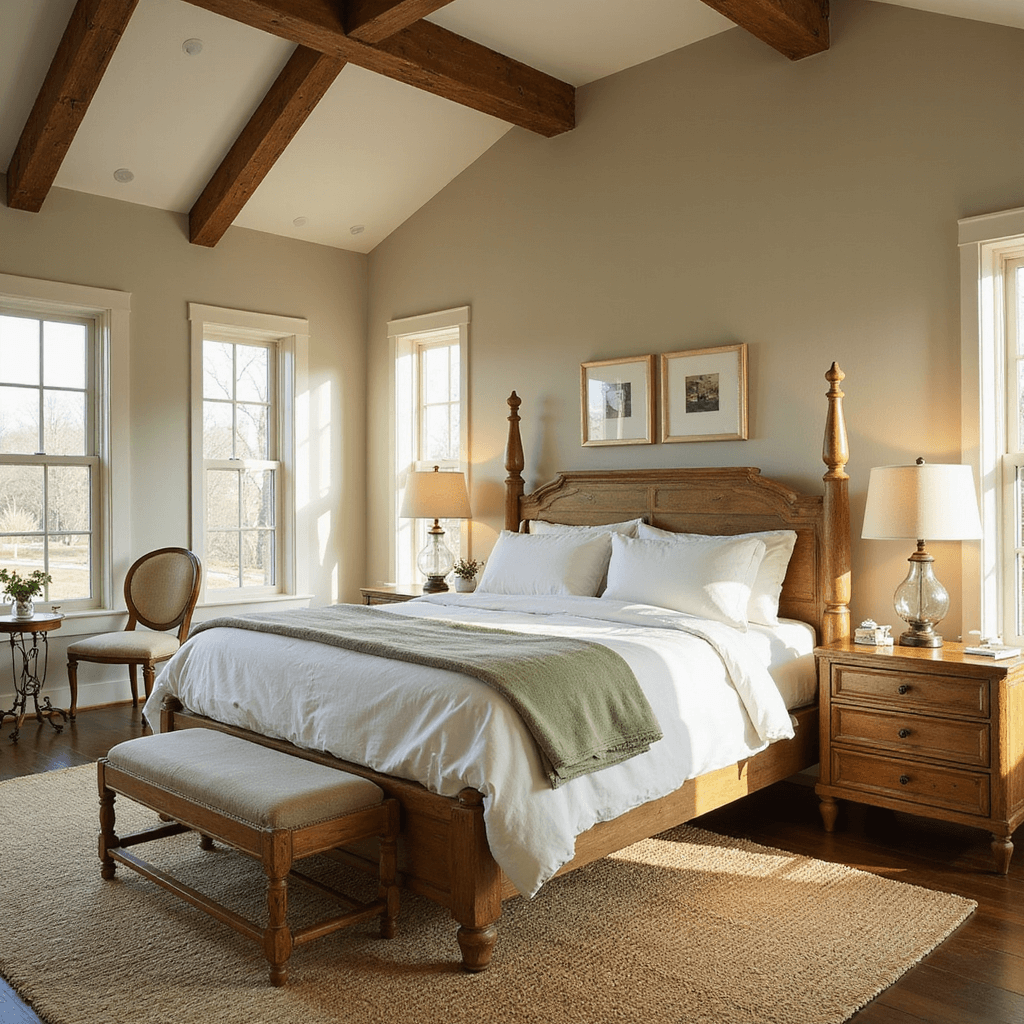 A wide-angle view of a master bedroom showcasing a king bed with white linens and a sage green throw, surrounded by weathered oak nightstands with mercury glass lamps, under a 16ft tray ceiling with exposed beams, illuminated by golden afternoon sunlight, with a jute rug layered over seagrass.