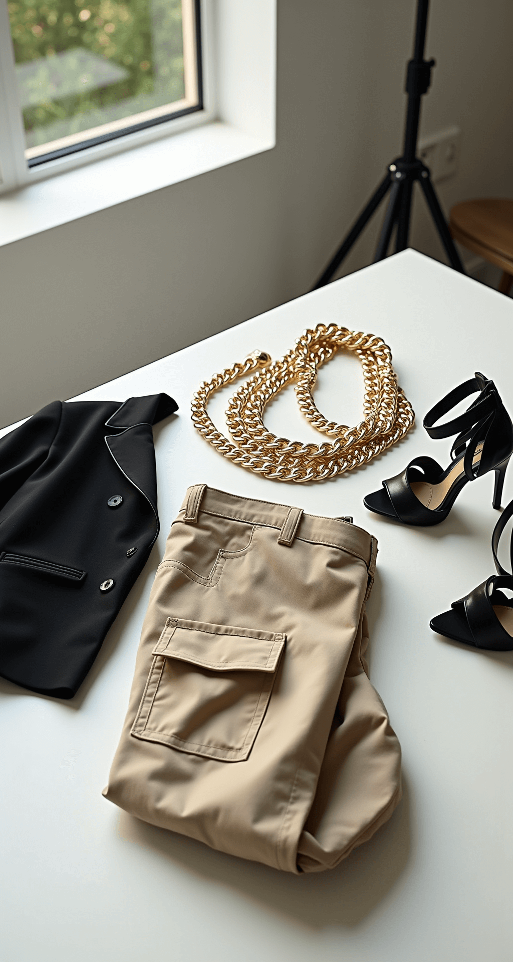 A close-up overhead shot of beige cargo pants laid flat on a clean white surface, surrounded by chunky gold chain necklaces, strappy black heels, and a structured black blazer, all illuminated by soft afternoon light from floor-to-ceiling windows in a modern minimalist studio.