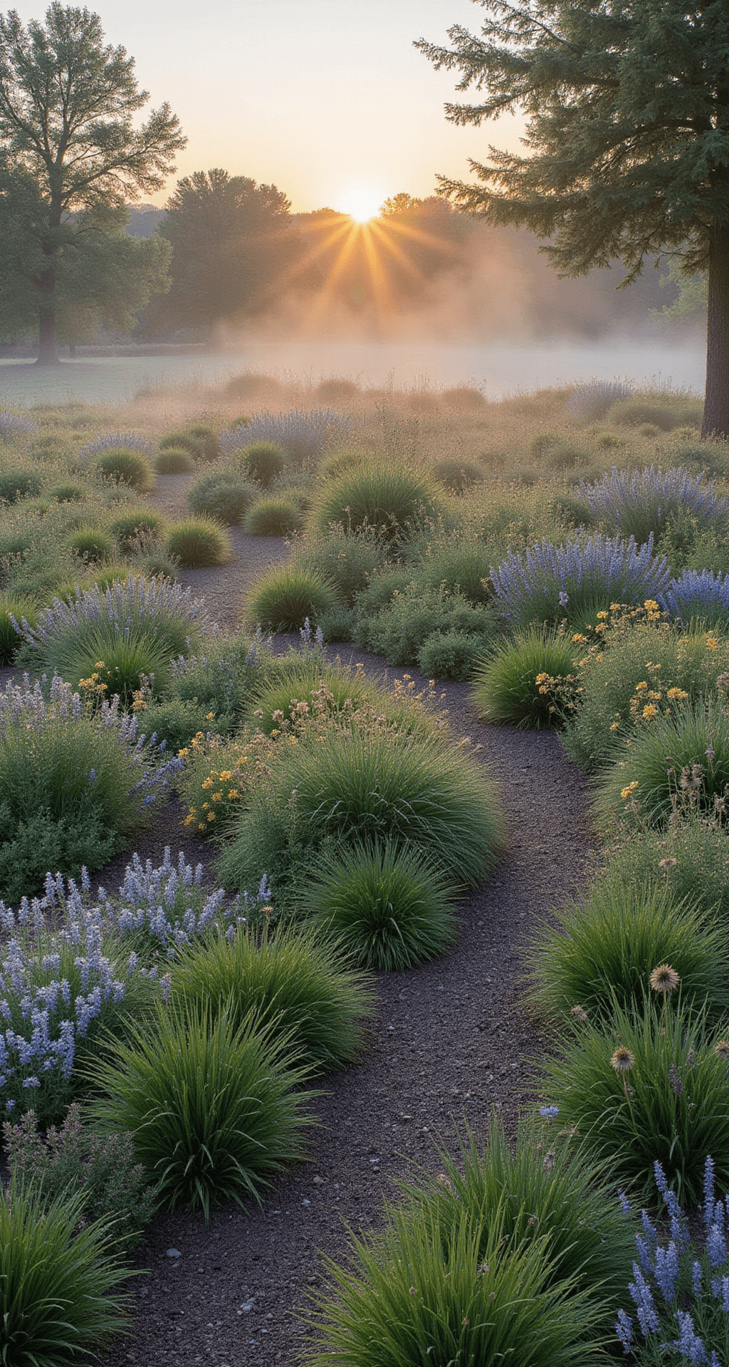 Aerial drone shot of a 40x40ft meadow garden at sunrise, viewed from 30ft high at a 45-degree angle, showcasing morning mist above native grasses and wildflowers, with meandering mulch paths in organic shapes and a color palette of muted lavenders, soft yellows, and silver-green grasses.