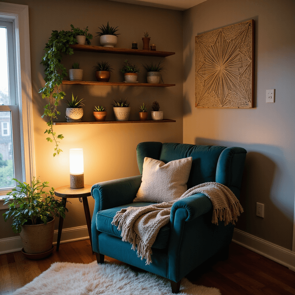 A cozy reading corner in a guest room featuring a deep teal velvet oversized armchair with a chunky knit throw, a small side table with a DIY pool ball candle holder, floating shelves with painted plant pots and trailing ivy, warm taupe walls with a DIY string art piece, and a plush cream-colored rug on hardwood floors, all bathed in soft evening light.