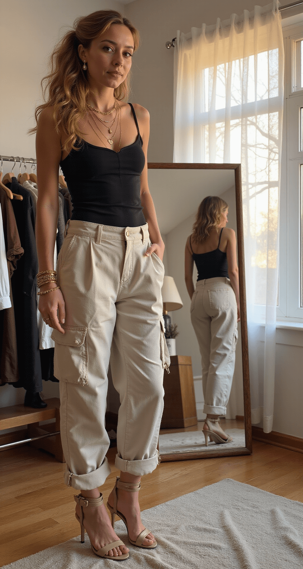 A fashion blogger in beige cargo pants and a fitted black bodysuit stands in a cozy bedroom at sunrise, with warm light filtering through sheer curtains. She poses before a full-length mirror, showcasing her elegant nude strappy heels and sparkling gold jewelry, amidst a curated clothing rack and minimal decor.